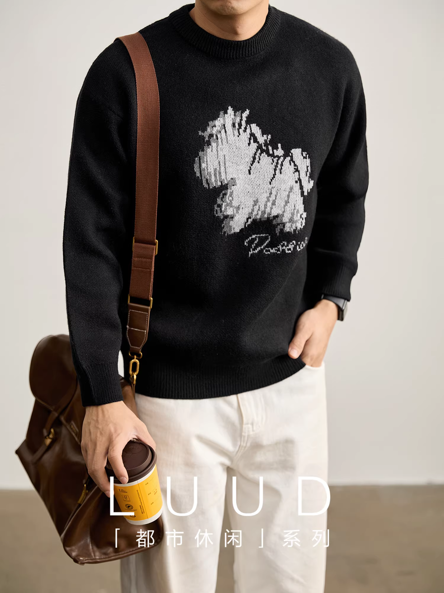 Áo len dệt kim hình chú chó con dễ thương LUUD dành cho nam, chất liệu dày 700g, phối màu, kiểu dệt jacquard, phong cách thường ngày