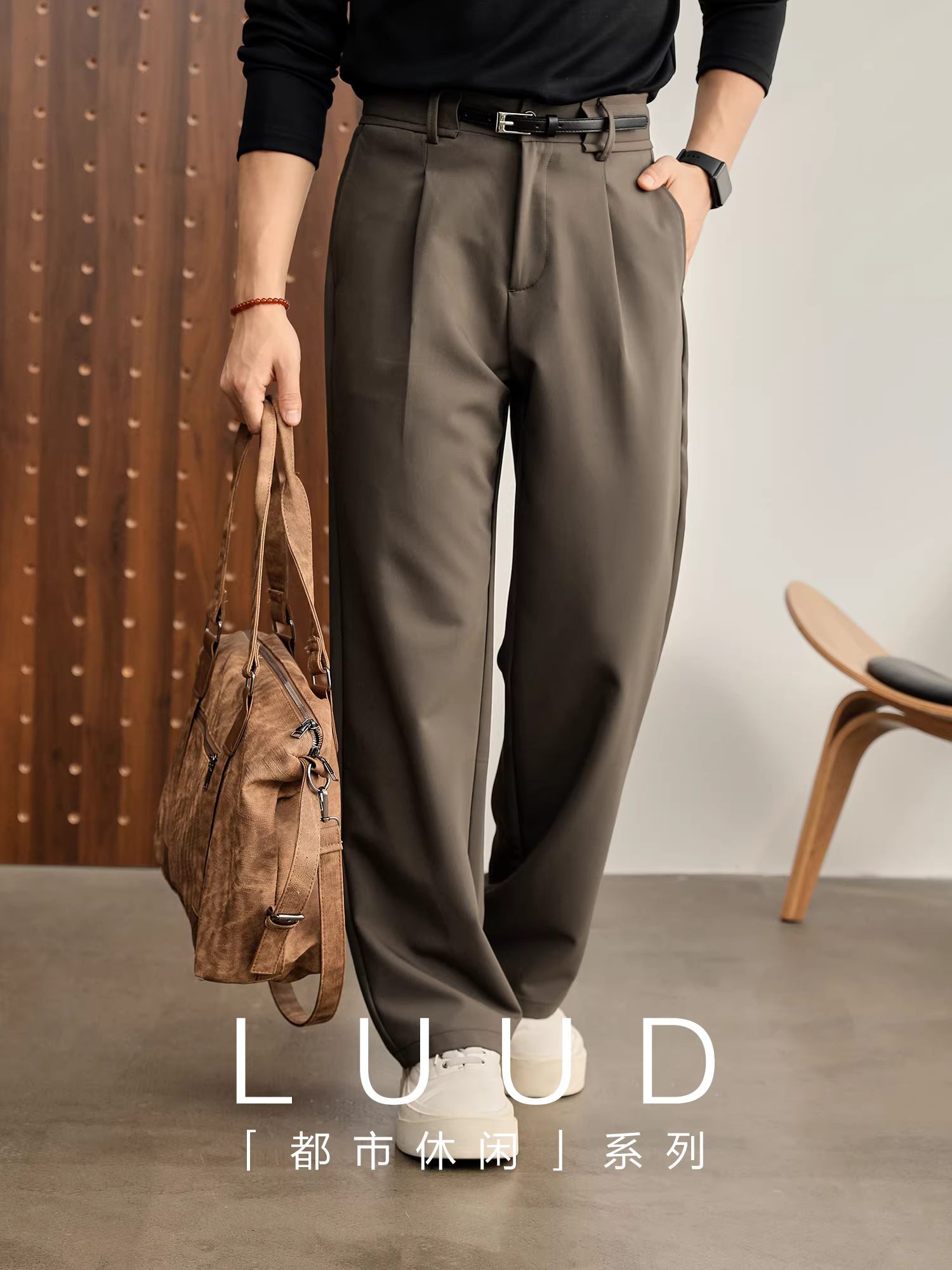 Quần nam kiểu thắt lưng xếp ly đôi LUUD được làm từ lụa dâu tằm, lyocell và len cừu, quần dài dáng thẳng, phong cách thường ngày