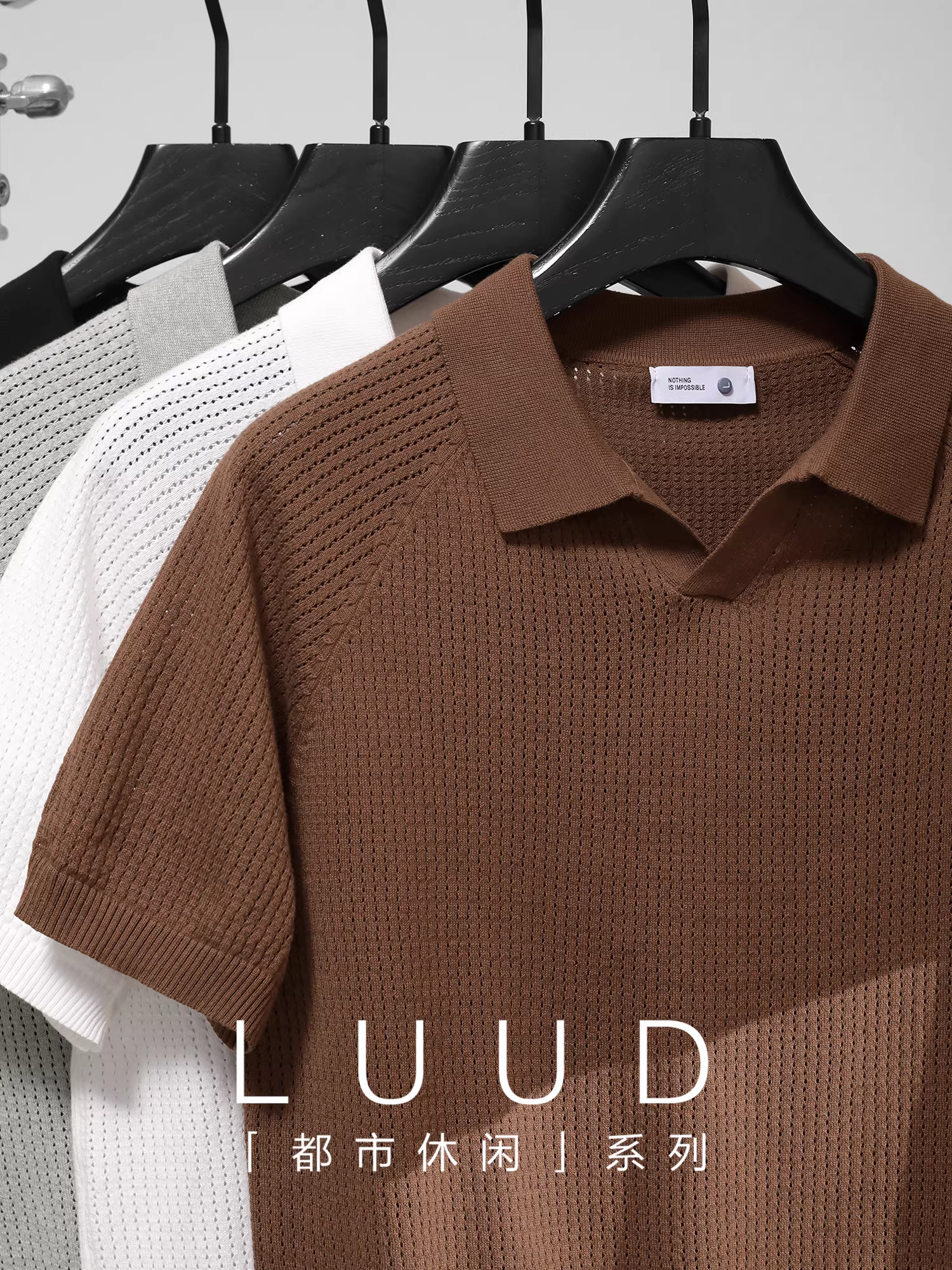 Áo polo nam kiểu dáng cổ điển LUUD, thiết kế lưới rỗng, chất liệu dệt kim, cổ áo hình chim mòng biển bằng vải lụa đá.