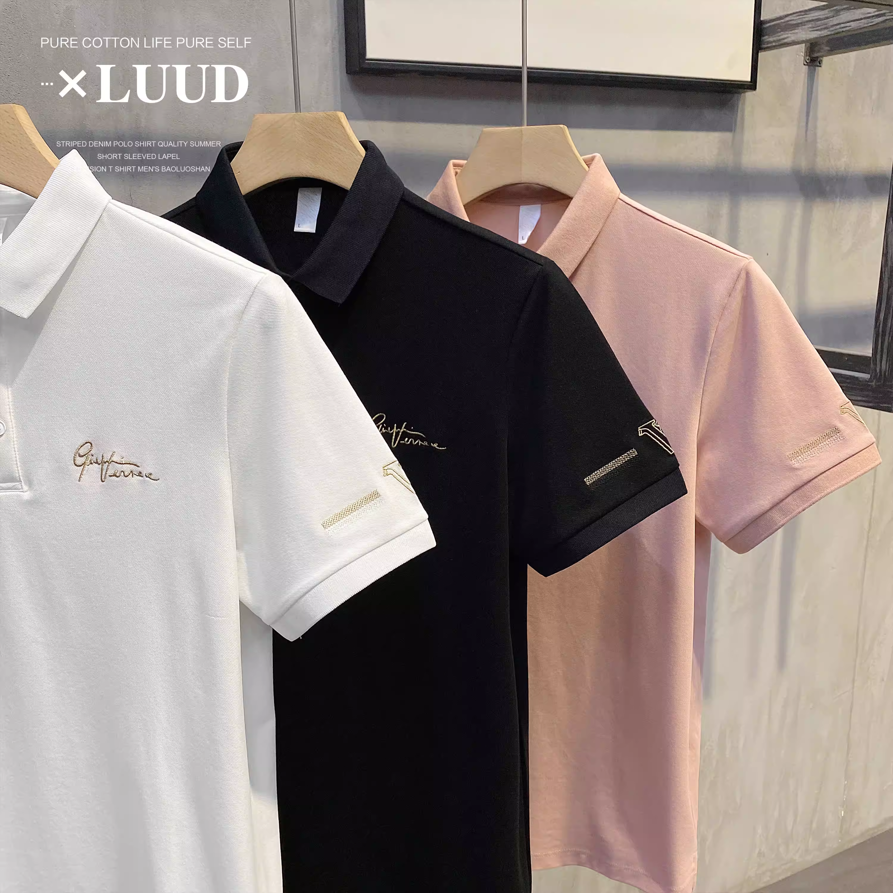 Áo polo nam thêu nghệ thuật phong cách LUUD, áo sơ mi ngắn tay dáng ôm đơn giản và hợp thời trang