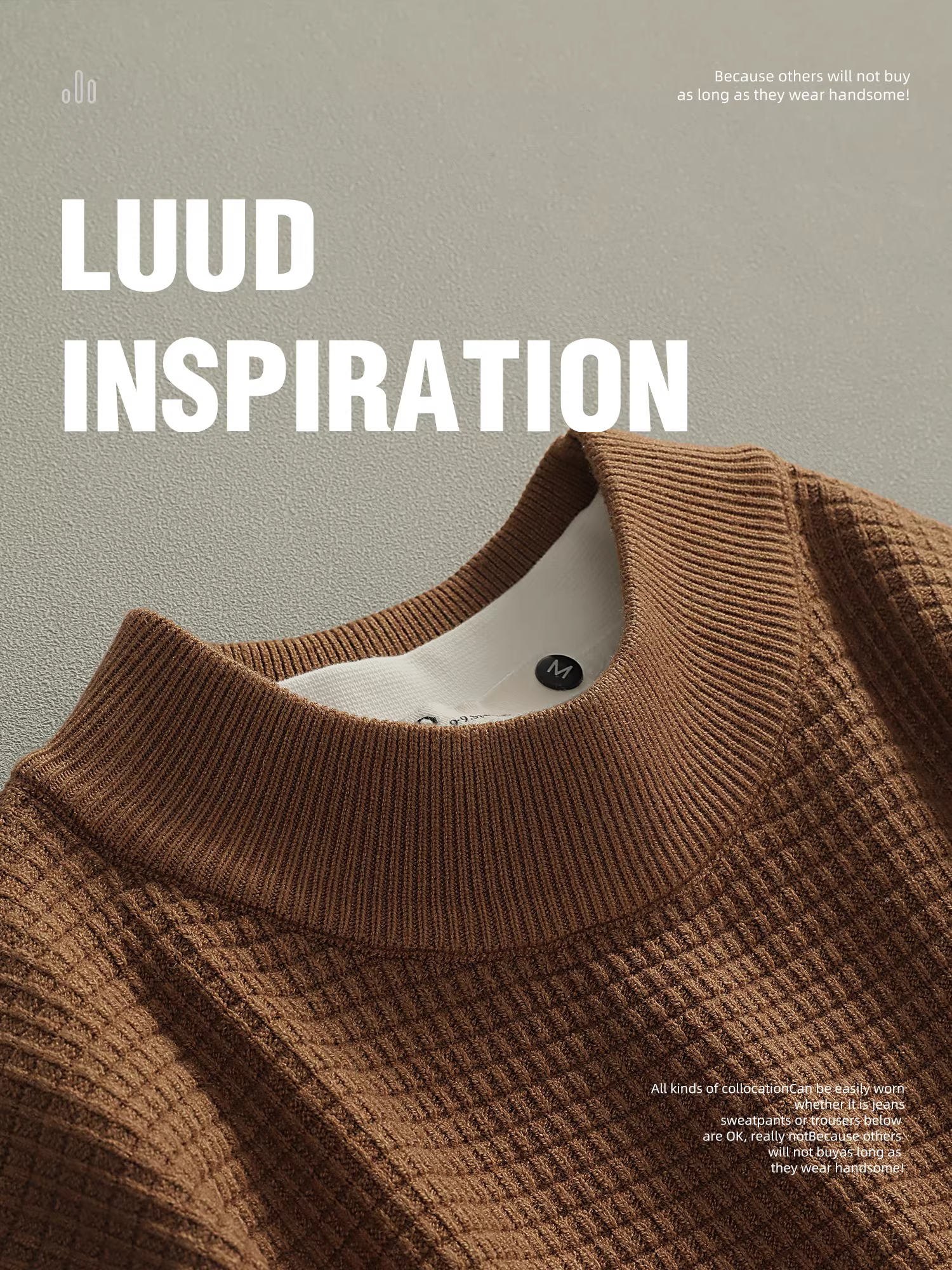 Áo len dệt kim cổ lọ nửa cổ LUUD dành cho nam, áo len chui đầu ấm áp họa tiết bánh quế mùa đông, áo cổ trung bình thông thường