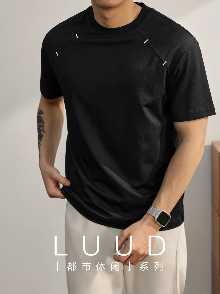 Áo thun ngắn tay thiết kế chắp vá thương hiệu LUUD hợp thời trang dành cho nam, áo thun màu trơn thông thường nặng 280G, áo thun cổ tròn mát mẻ