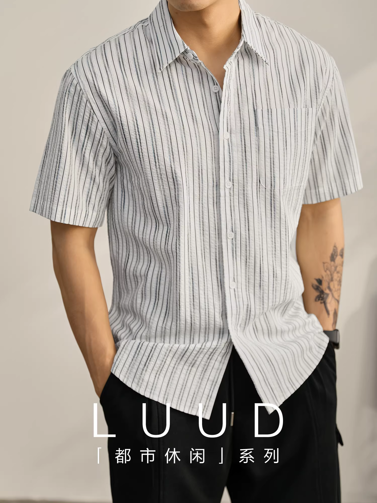 Áo sơ mi ngắn tay cao cấp LUUD dành cho nam, áo sơ mi cotton nguyên chất mùa hè có túi sọc nhiều màu, áo có họa tiết bong bóng