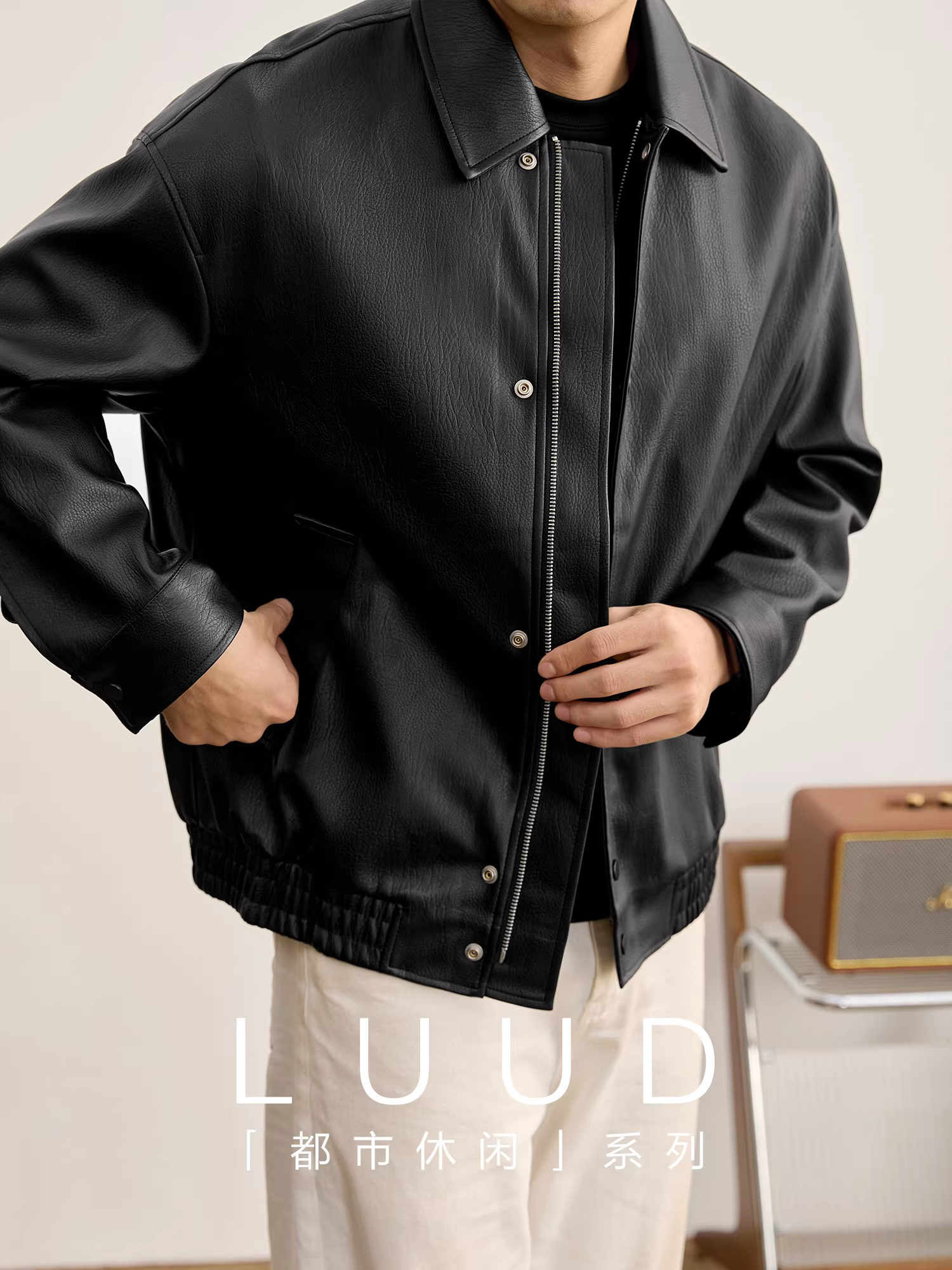 Áo khoác da PU cao cấp LUUD, kiểu dáng thời thượng sang trọng, chất liệu da vải thiều, dành cho nam, kiểu dáng biker, cổ áo vest, cài khuy đôi.