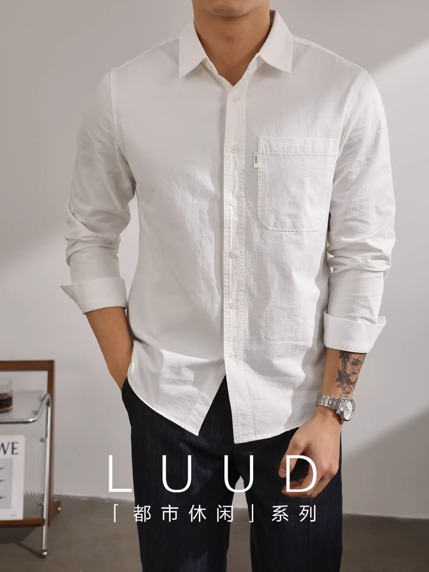 Áo sơ mi dài tay nghệ thuật màu trắng tươi mới hợp thời trang LUUD dành cho nam giới đầu mùa thu áo sơ mi cotton nguyên chất dáng ôm vừa vặn