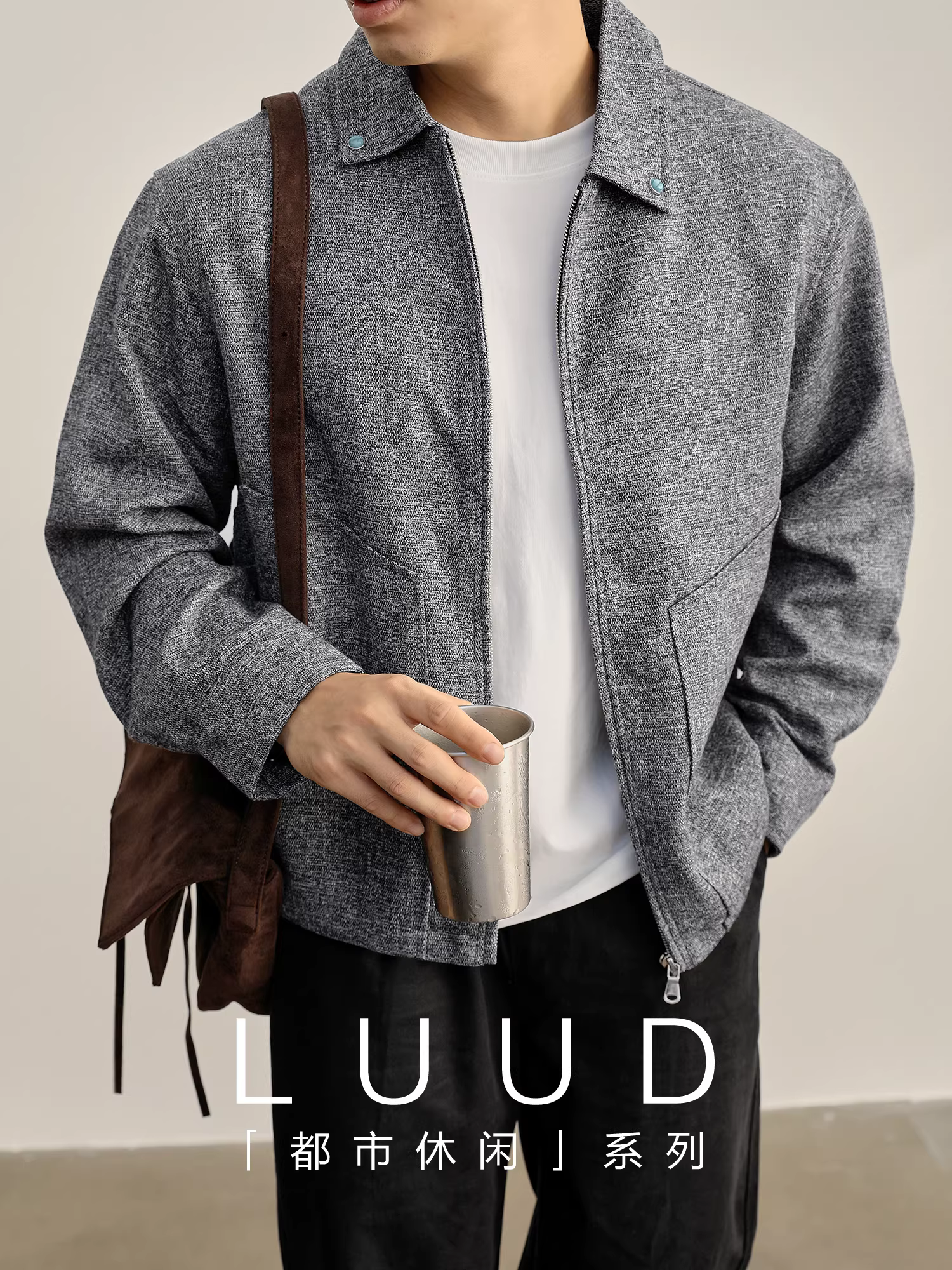 Áo khoác có cổ có họa tiết dệt cổ điển LUUD dành cho nam, phong cách trưởng thành nhẹ nhàng, màu trơn với các chi tiết trang trí bằng nút màu ngọc lam, áo khoác nhỏ.