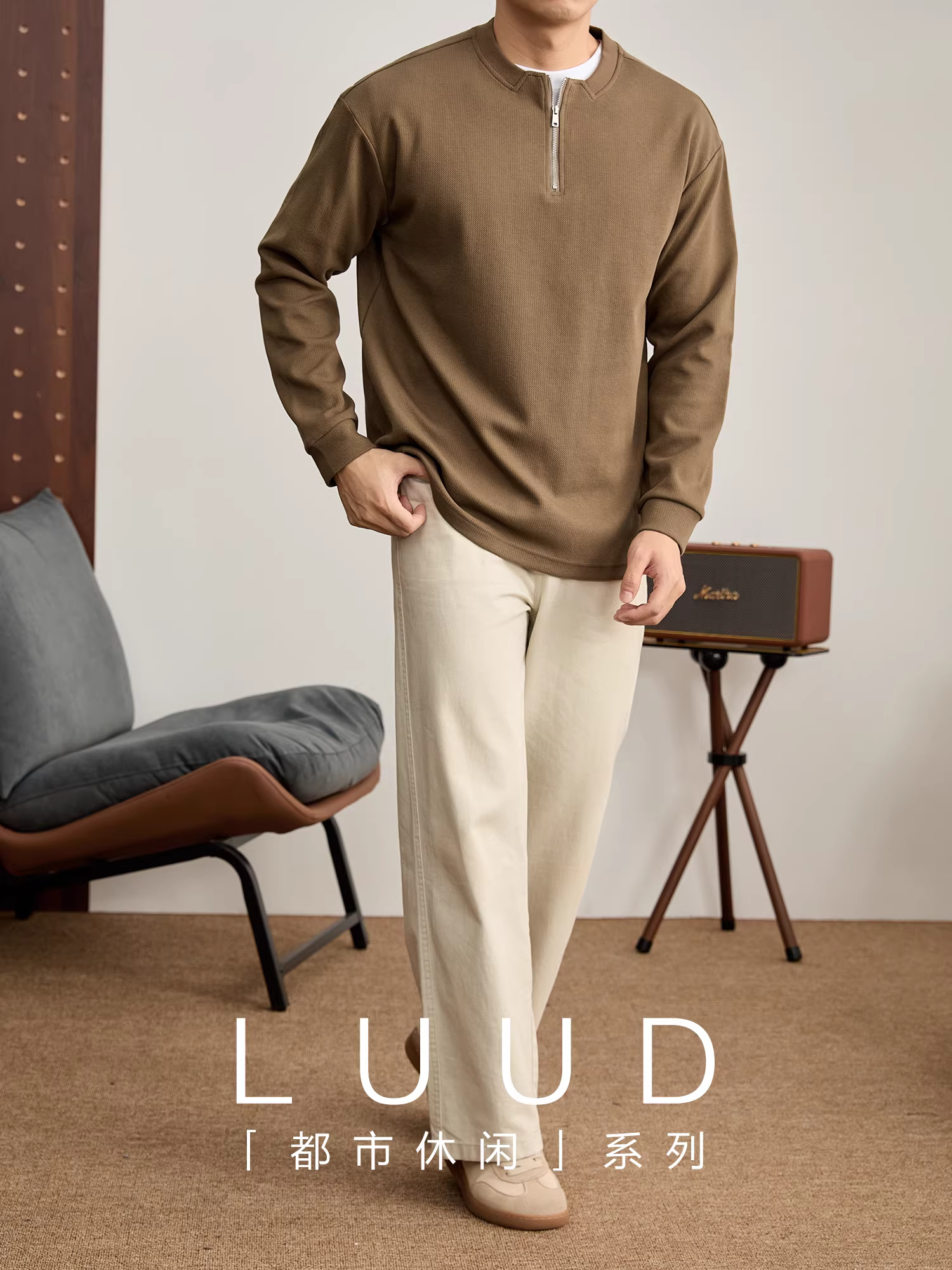 Áo len nam LUUD cổ điển, chất liệu cotton đã qua xử lý, tay dài, cổ áo nửa khóa kéo kiểu dáng thời trang.