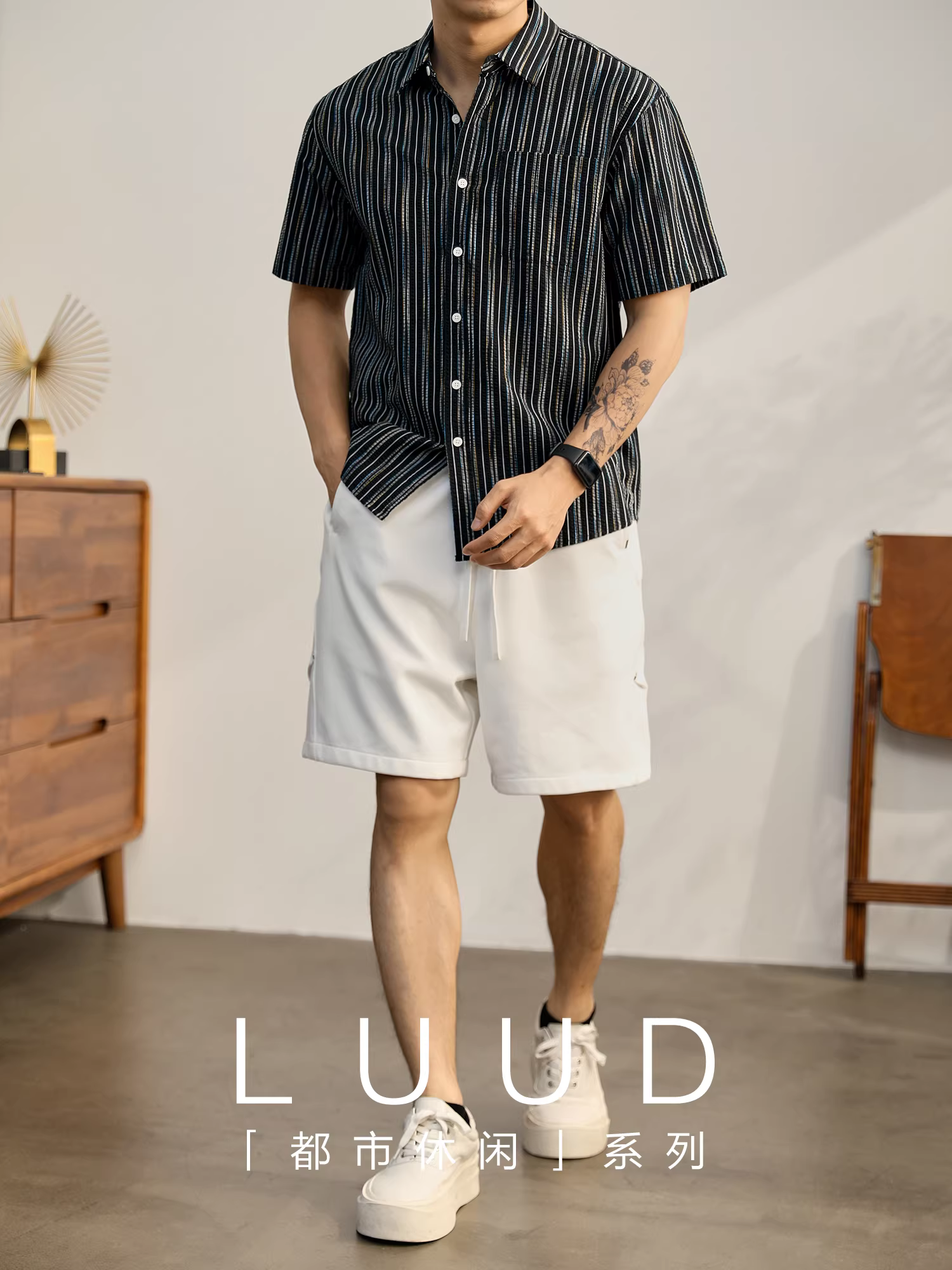 Áo sơ mi nam đô thị LUUD có cổ sọc nhiều màu sắc thoáng khí kết cấu bong bóng cotton nguyên chất ngắn tay màu đen áo sơ mi hợp thời trang