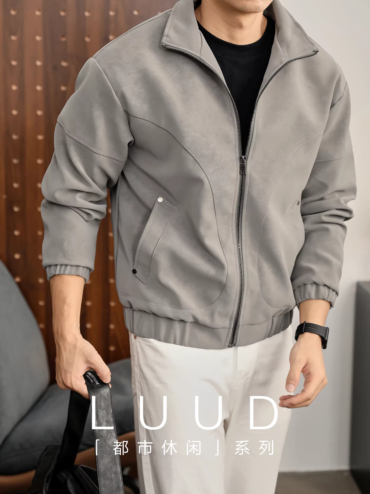 Áo khoác da PU LUUD mờ kiểu dáng phá cách mùa đông dành cho nam, họa tiết cây cổ điển, phối nhiều lớp, cổ đứng