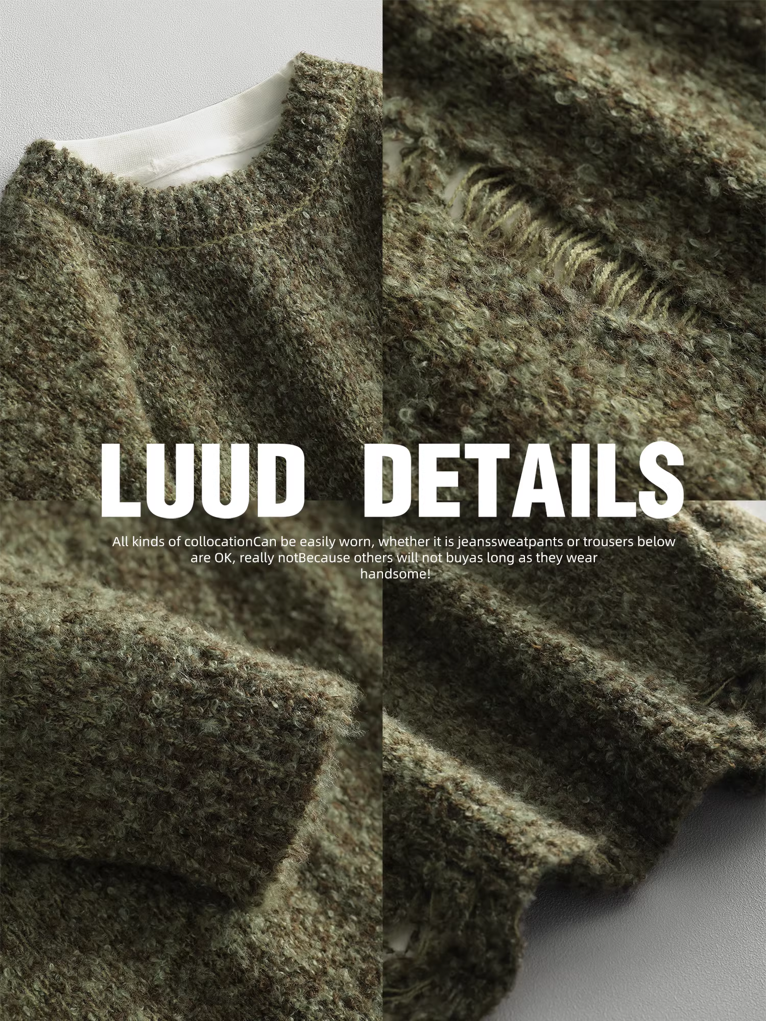 Áo len nam tay dài phong cách đường phố LUUD, thiết kế rách cá tính, cổ tròn, chất liệu len cừu, áo len lông cừu