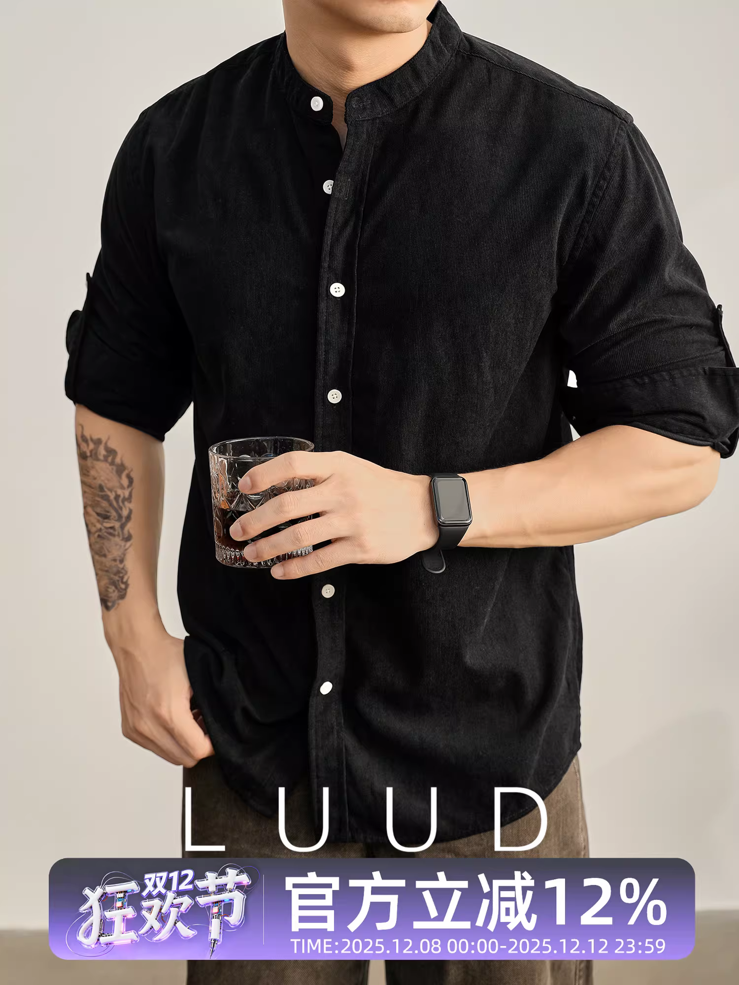 Áo sơ mi dài tay màu đen cao cấp dành cho quý ông LUUD, giản dị và thoải mái, áo sơ mi cổ đứng bằng nhung chải đơn hàng nút