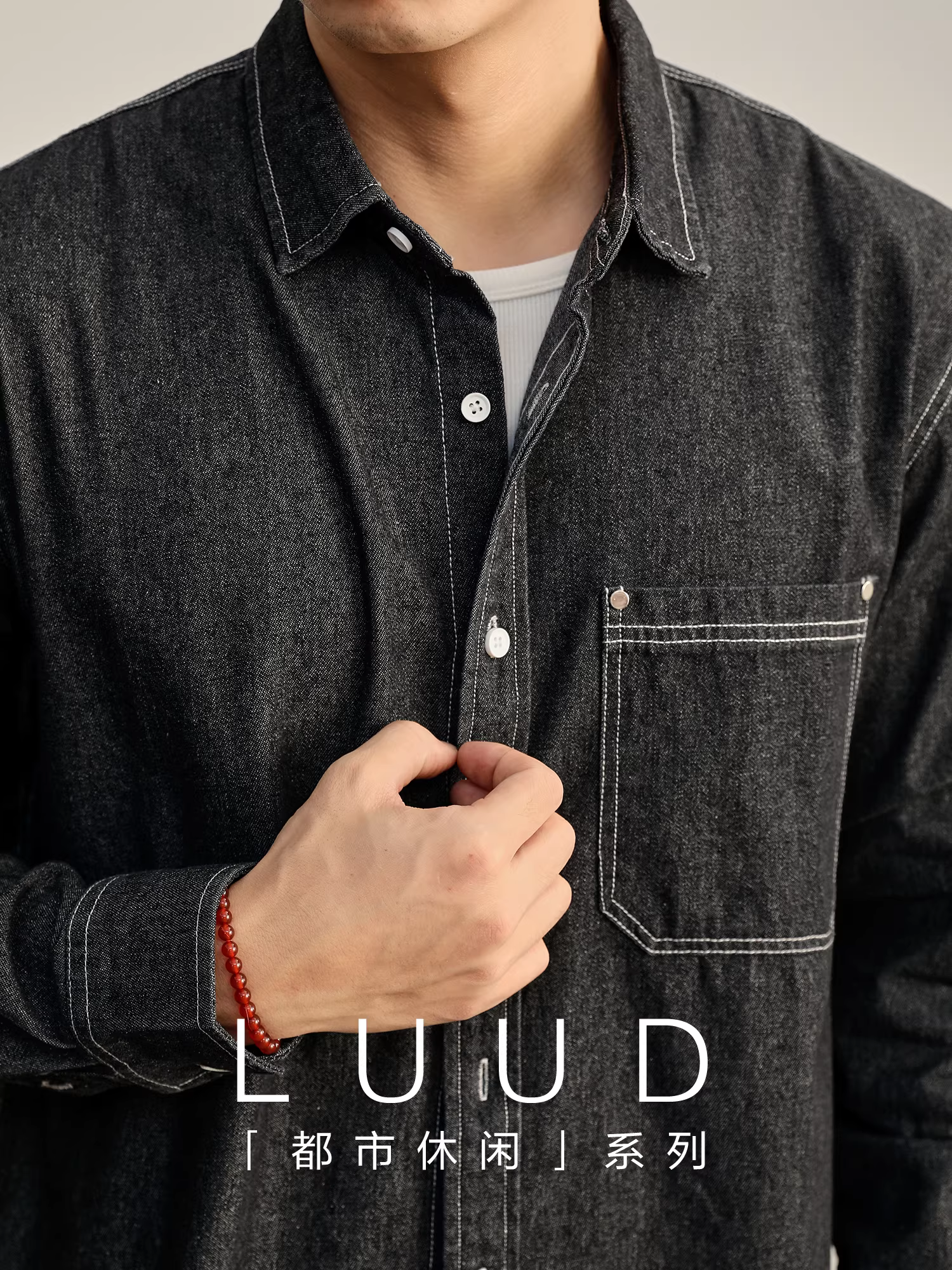 Áo khoác sơ mi nam LUUD yuppie retro may viền chỉ, 100% cotton, có túi vá đinh tán, chất liệu denim thô, tay dài