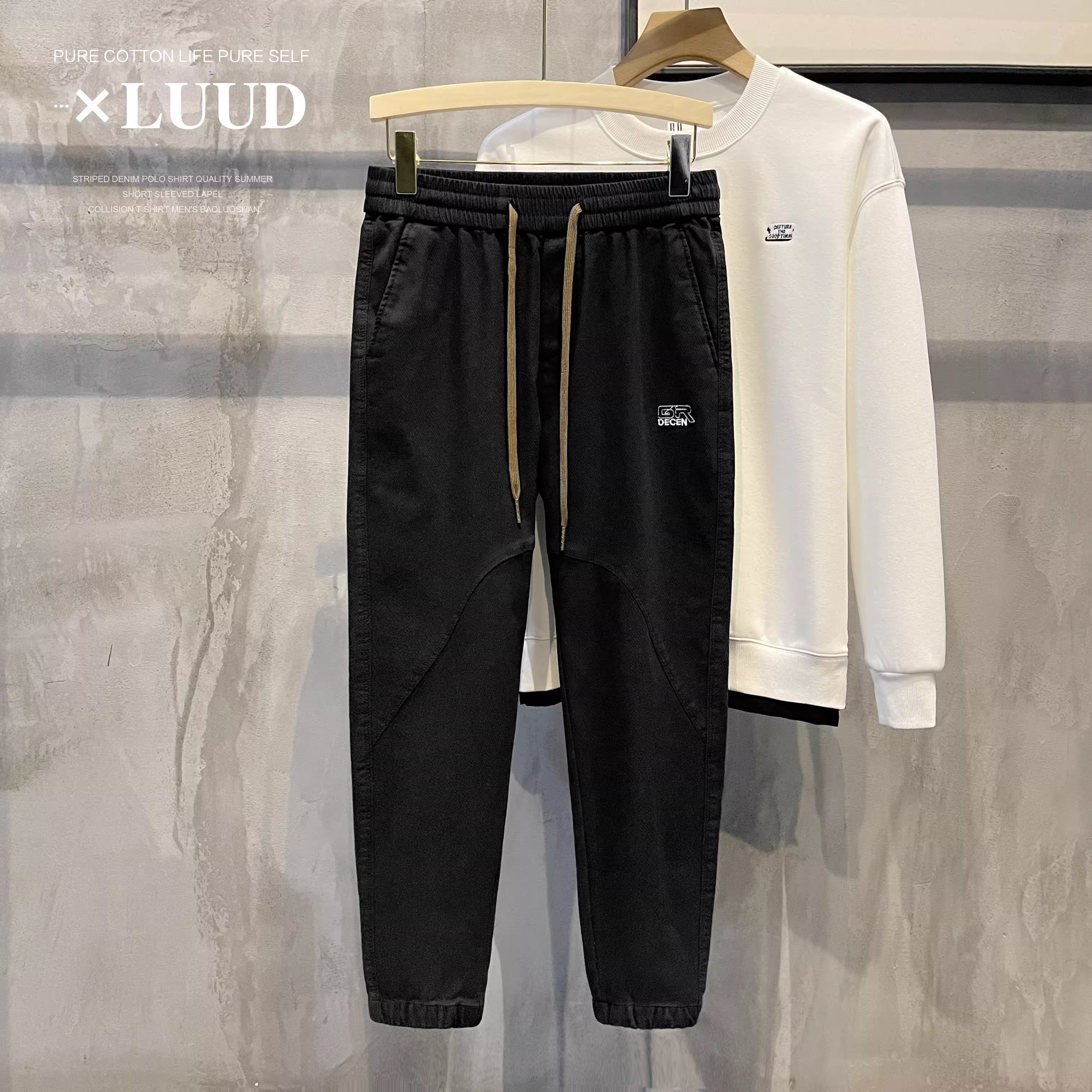 Quần âu nam LUUD mùa thu chất liệu vải tuýt, cotton đã qua xử lý, màu trơn, có dây rút, phong cách thể thao cổ điển, kiểu jogger.