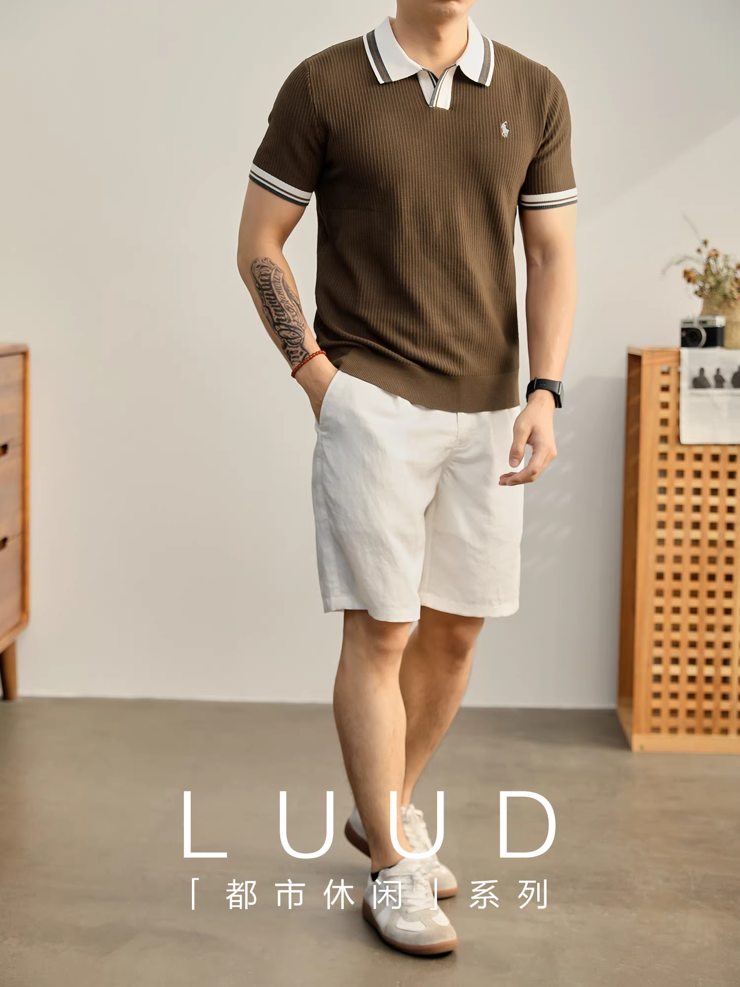 Áo polo nam kiểu tiền cổ điển LUUD phối màu, cổ áo hình chim hải âu, chất liệu len dệt kim, áo thun thêu họa tiết hiệp sĩ chất liệu lụa sọc mát mẻ