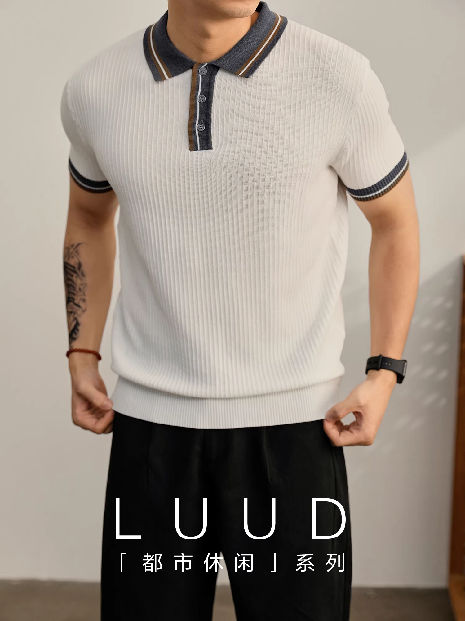 Áo sơ mi POLO dệt kim thoáng mát mùa hè dành cho nam LUUD với đường khâu màu tương phản và chất liệu sọc dọc, áo dệt kim ngắn tay