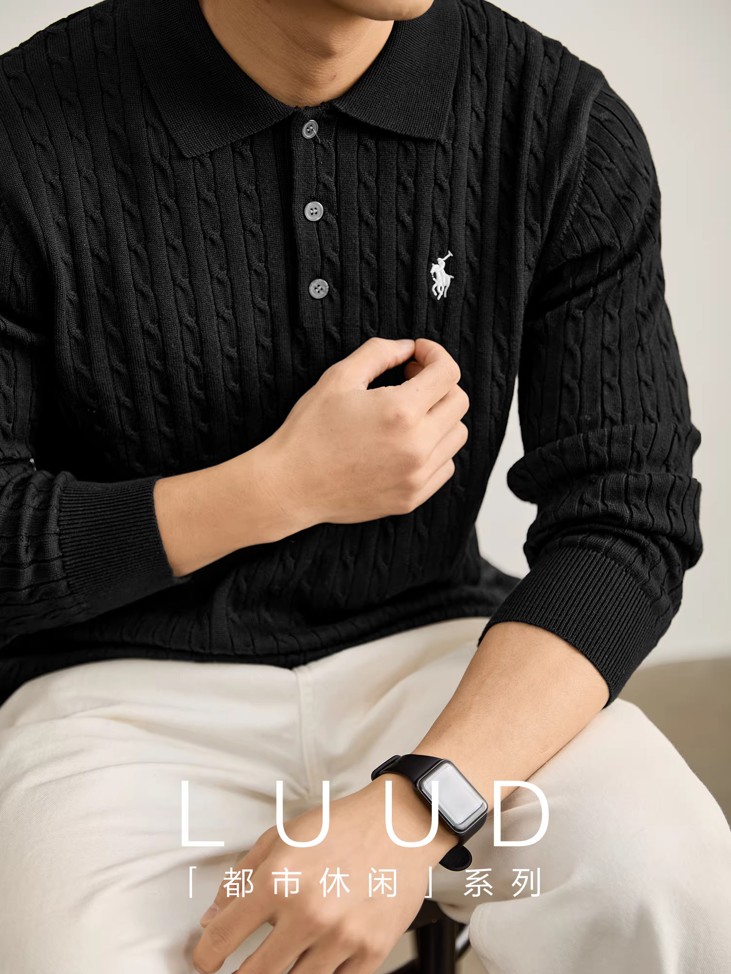 Áo polo nam len pha cao cấp thời trang thêu họa tiết hiệp sĩ, chất liệu dệt kim kiểu cáp, cổ trụ, mùa thu đông