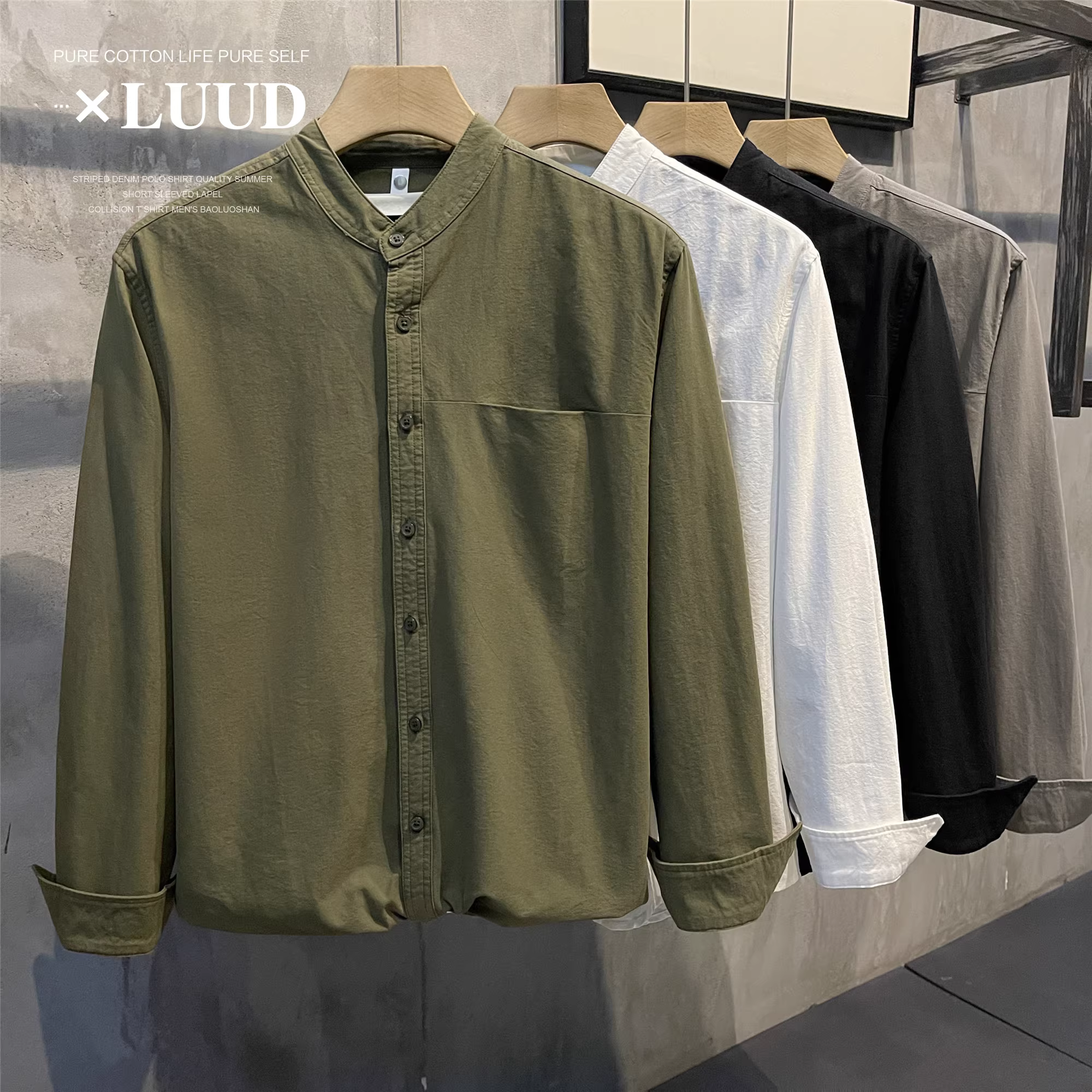 Áo sơ mi cổ Henley bằng vải cotton nguyên chất phong cách nghệ thuật màu trơn LUUD dành cho nam, Áo sơ mi đơn giản phong cách cổ điển Nhật Bản với phong cách thanh lịch.