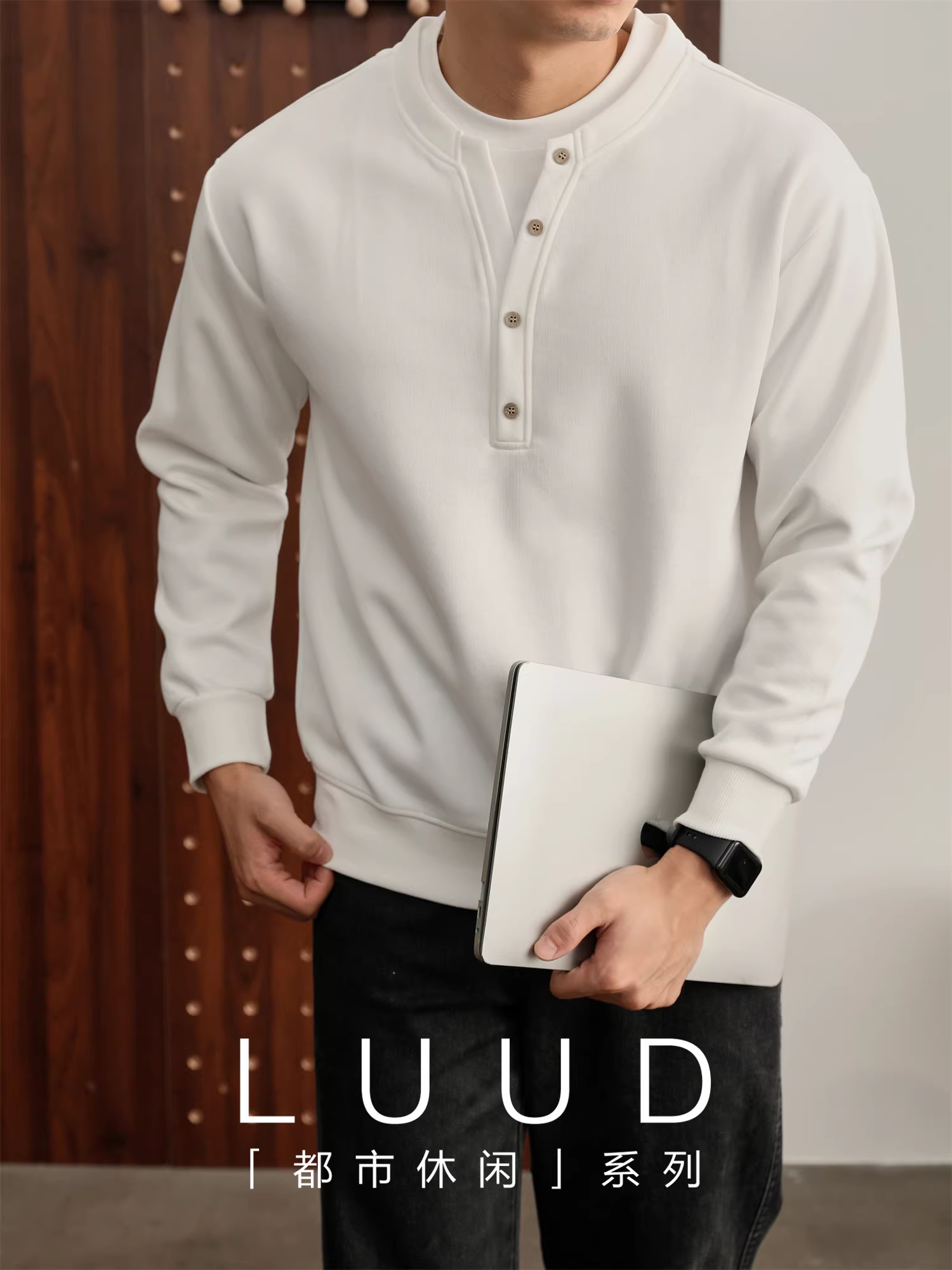 Áo len dài tay có cổ hai lớp trang trí bằng nút giả LUUD dành cho nam, áo thun chắp vá tối giản màu trắng thanh lịch