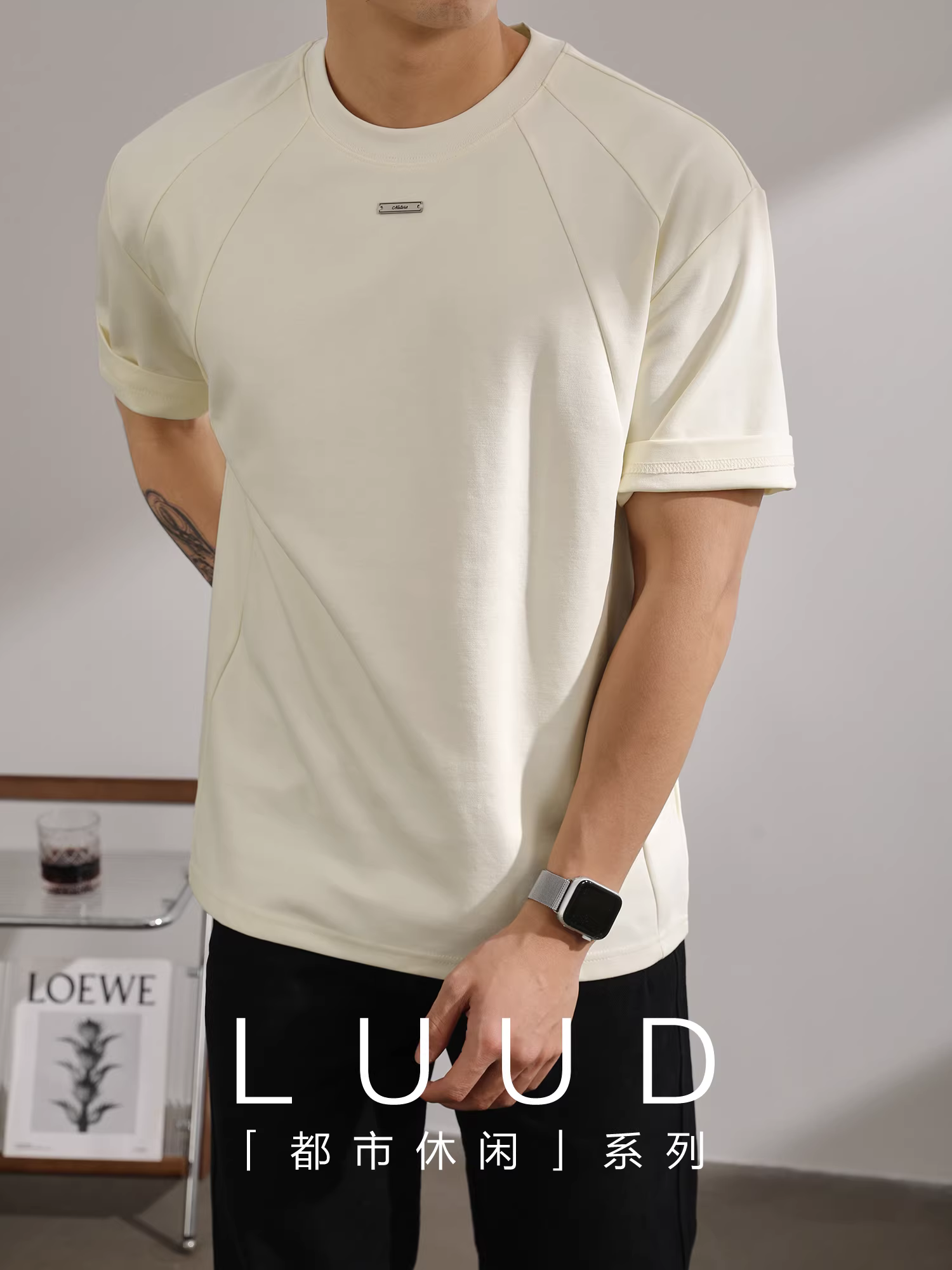 Áo thun nửa tay trang sức kim loại cao cấp LUUD dành cho nam, áo thun ngắn tay cổ tròn tay raglan chắp vá mùa hè