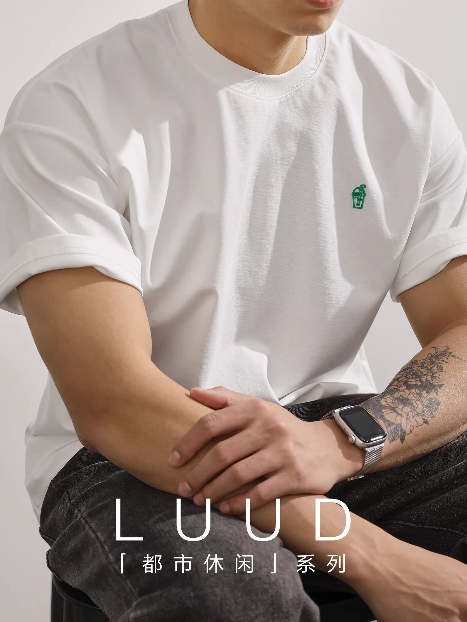 Áo thun ngắn tay thoáng khí bằng cotton thô hai mặt LUUD dành cho nam, kiểu dáng rộng rãi hơi rộng, in hình chai nước giải khát bằng phương pháp truyền nhiệt