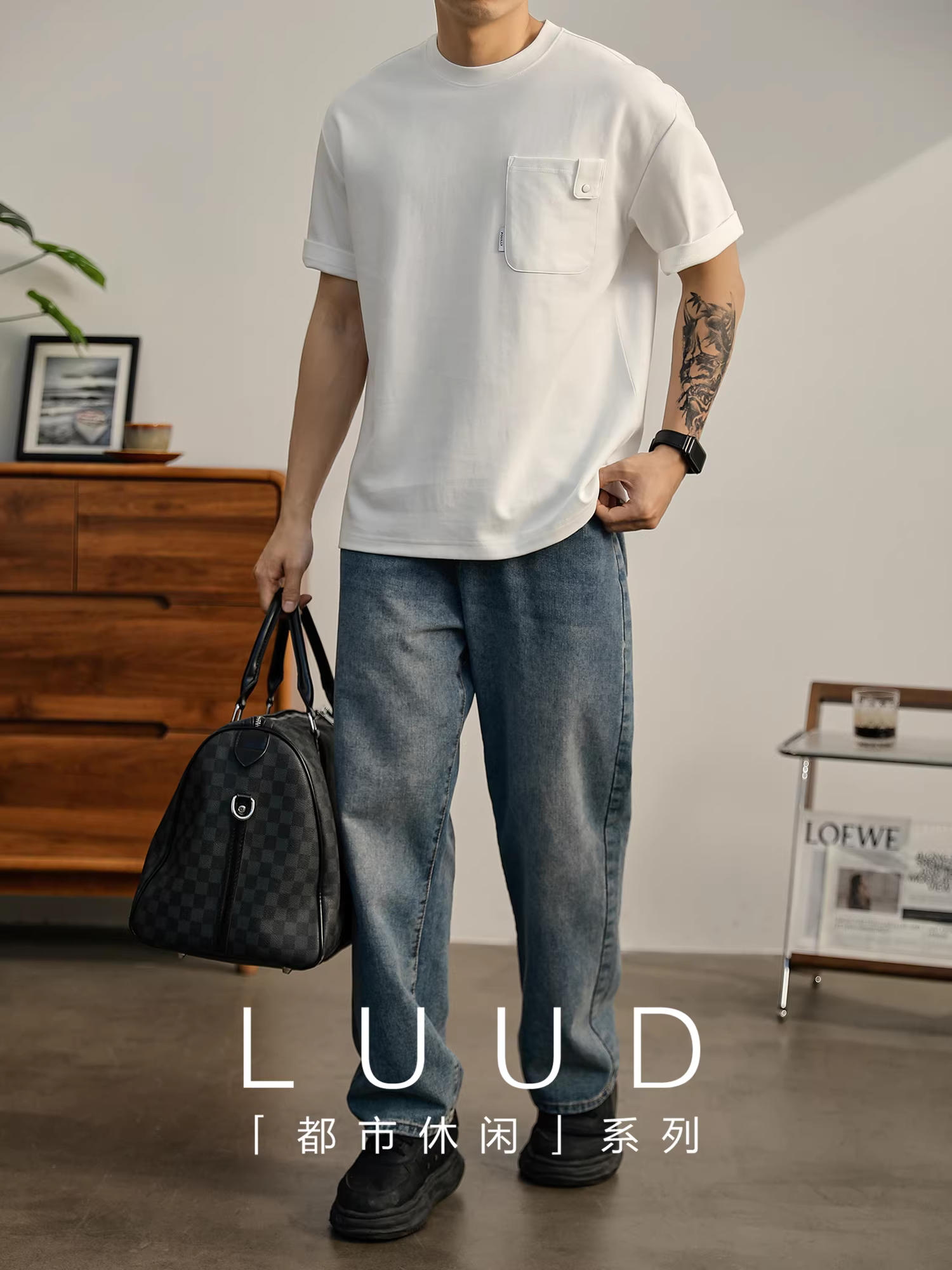 LUUD mùa hè phong cách mới túi ngực có túi màu trơn trơn ngắn tay áo thun nam cổ tròn kiểu dáng thời trang hợp thời trang áo thun