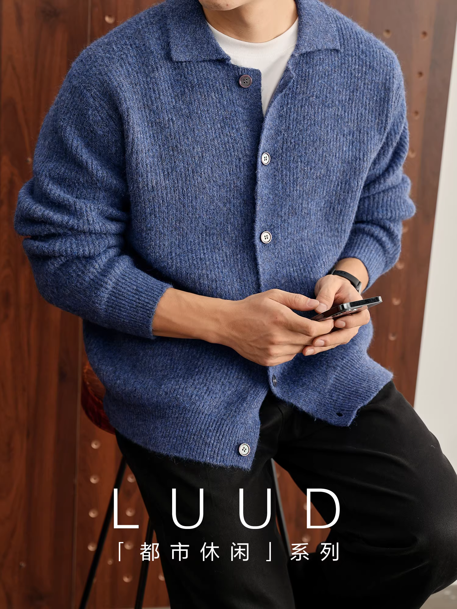 Áo len dệt kim dày dặn pha len mềm mại và thân thiện với da LUUD dành cho nam, áo khoác len có cổ phối màu thông thường