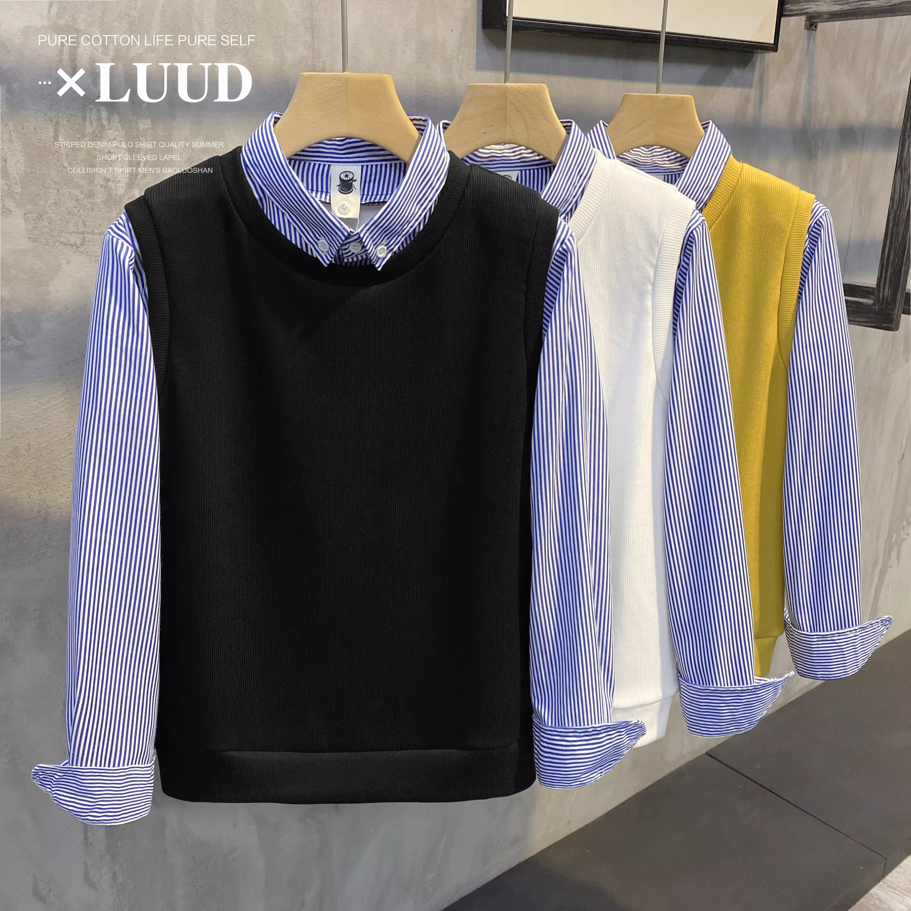 Áo sơ mi phối sọc mùa thu đông LUUD cổ áo giả hai mảnh dành cho nam, áo len dệt kim ấm áp có lót lông cừu kiểu dáng ôm vừa vặn sành điệu