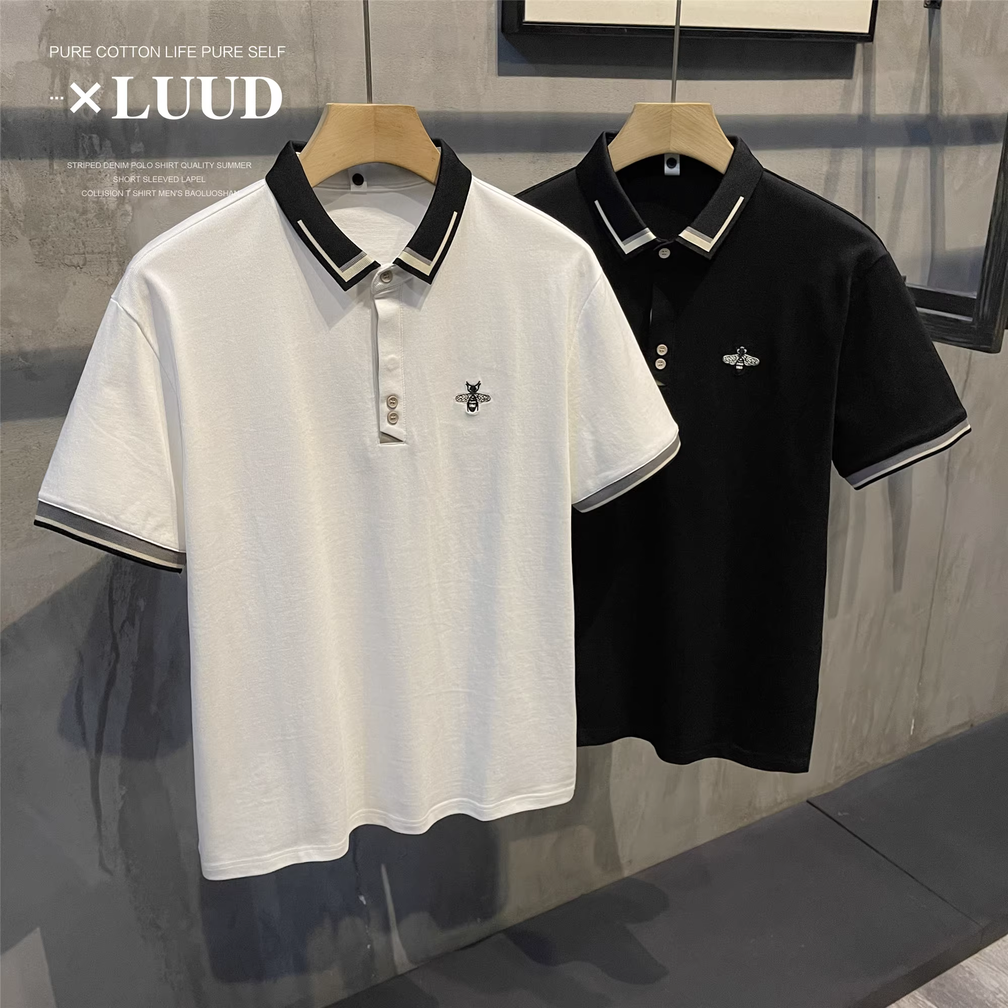 Áo sơ mi POLO phong cách sang trọng nhẹ nhàng LUUD phiên bản Hàn Quốc thêu ong phong cách quý ông hợp thời trang áo sơ mi polo ngắn tay dáng ôm vừa vặn dành cho nam