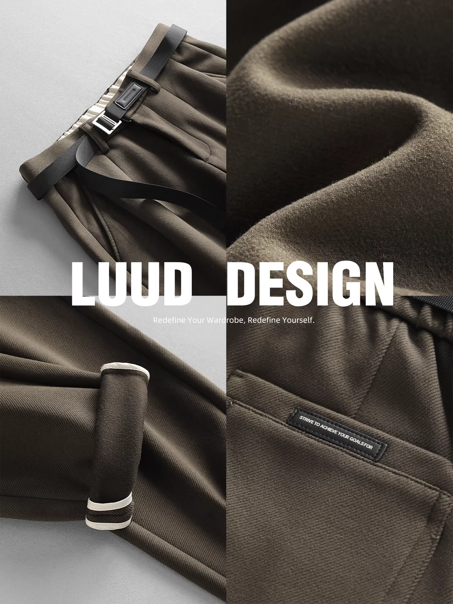 Quần tây ống đứng kiểu thắt lưng LUUD dành cho nam, quần ba chiều chải kỹ có eo bán co giãn, quần len thông thường