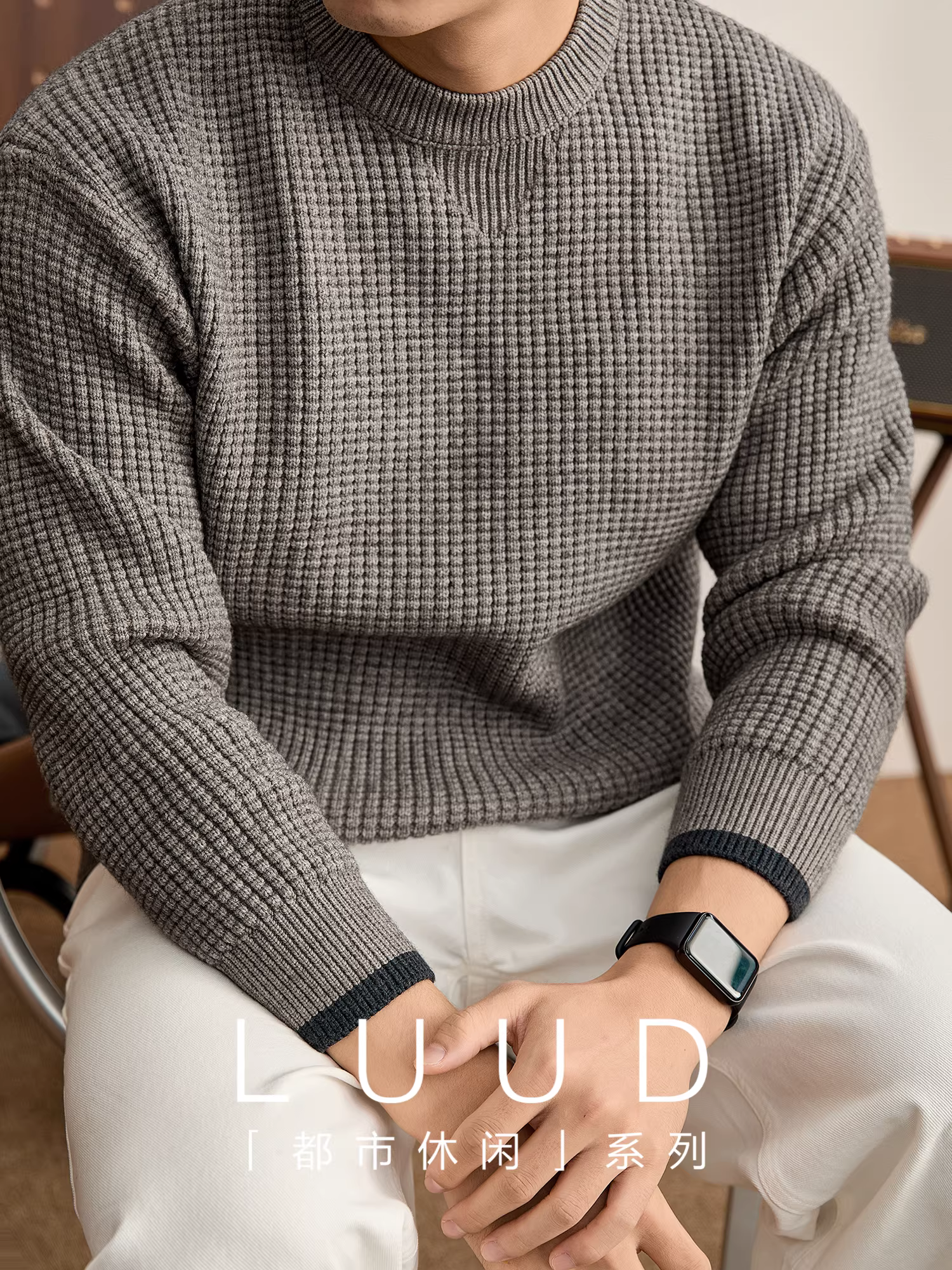 Áo len chui đầu chất liệu waffle dày dặn LUUD 760g dành cho nam, mùa đông dày dặn ấm áp, phối màu sọc dọc