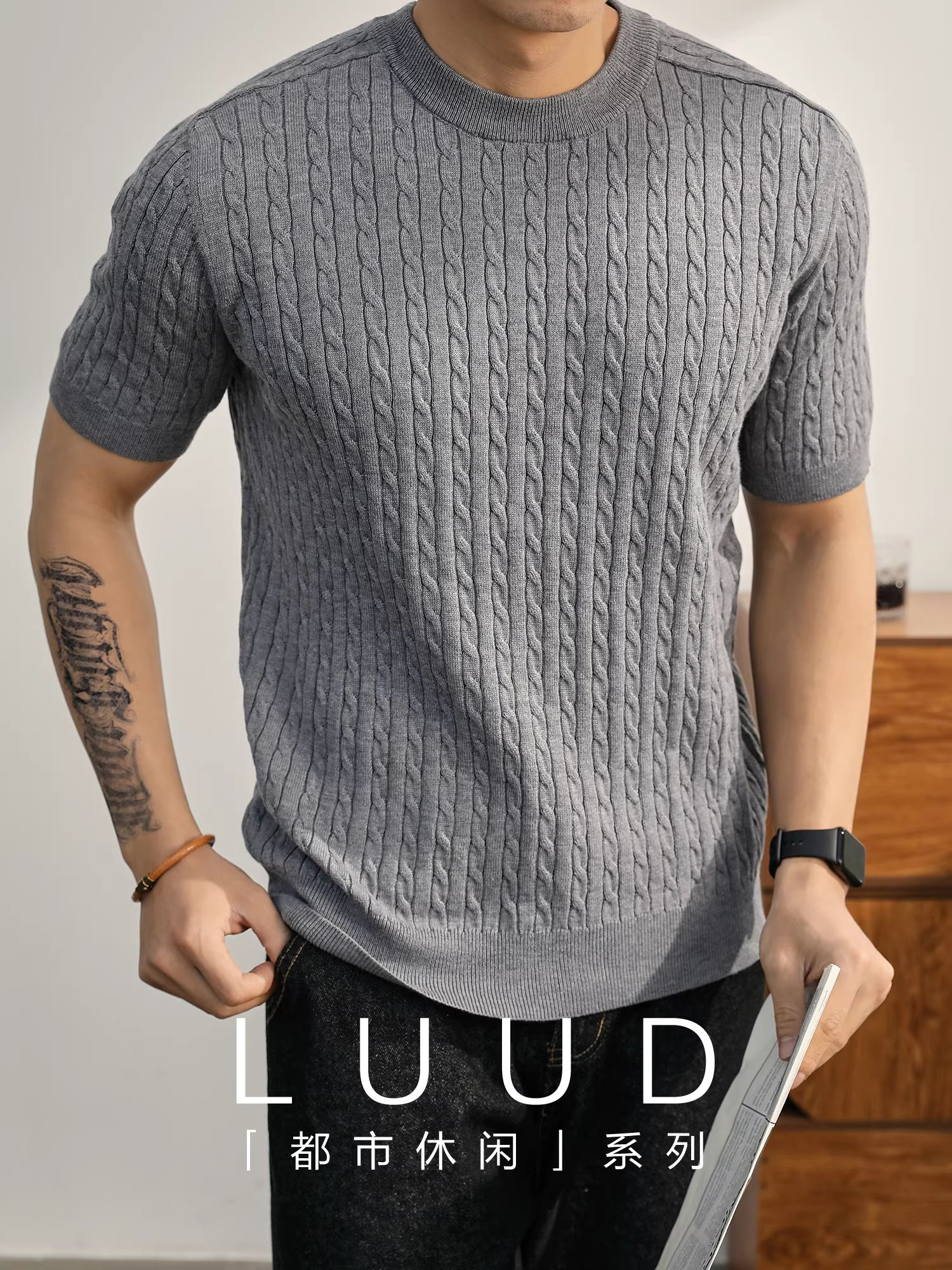 Áo thun nam dệt kim ngắn tay pha len mùa hè LUUD đơn giản và sang trọng, áo đa năng mặc hàng ngày