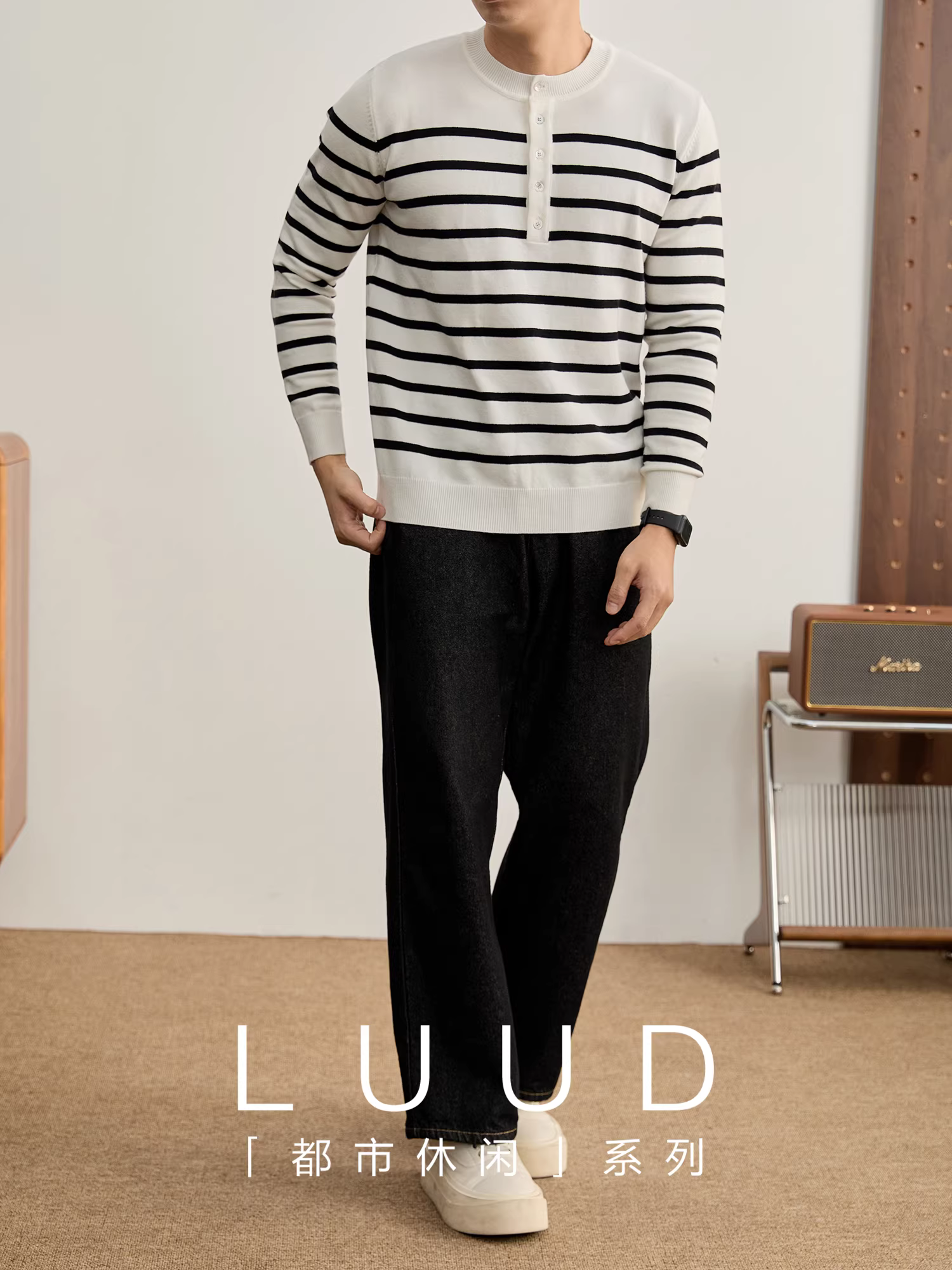 LUUD Modal Core-spun Yarn Áo len cổ Henley sọc màu khối màu Áo len nam dài tay giản dị nghệ thuật