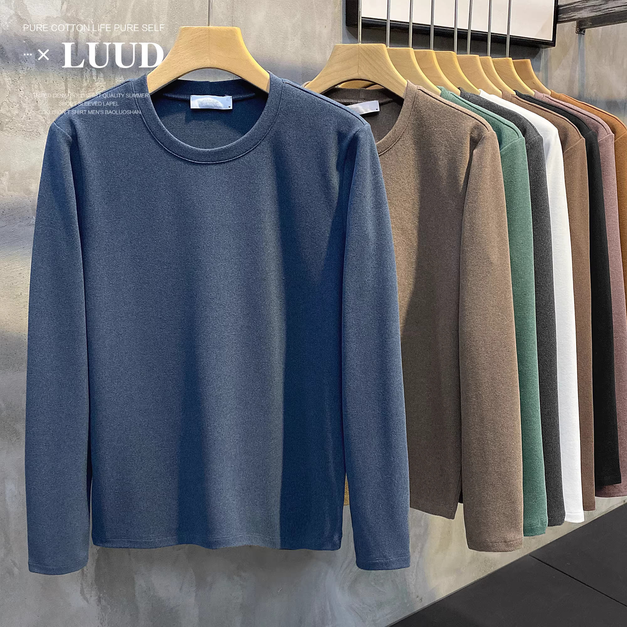 Áo sơ mi cổ tròn màu trơn bằng nhung LUUD của Đức dành cho nam, áo thun giữ nhiệt mùa đông, tay dài thoải mái, giản dị.