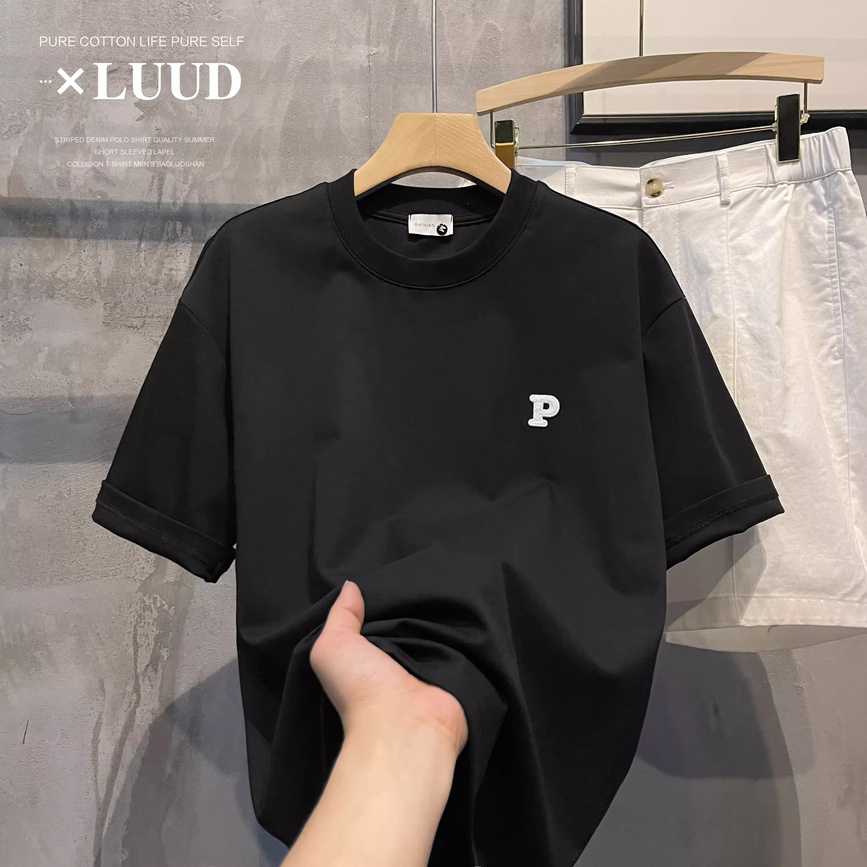 Áo thun nam LUUD 280G kiểu dáng đơn giản, thêu chữ P nhỏ, đa năng, rộng rãi, cổ tròn, tay ngắn, kiểu dáng xuông vai.