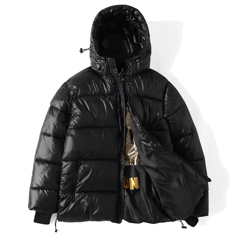 Ưu đãi đặc biệt: Áo khoác cotton ấm kiểu dây đeo mùa đông mới dành cho nam, lớp lót bên trong có mũ trùm đầu màu trơn, áo khoác giữ nhiệt màu đen vàng.