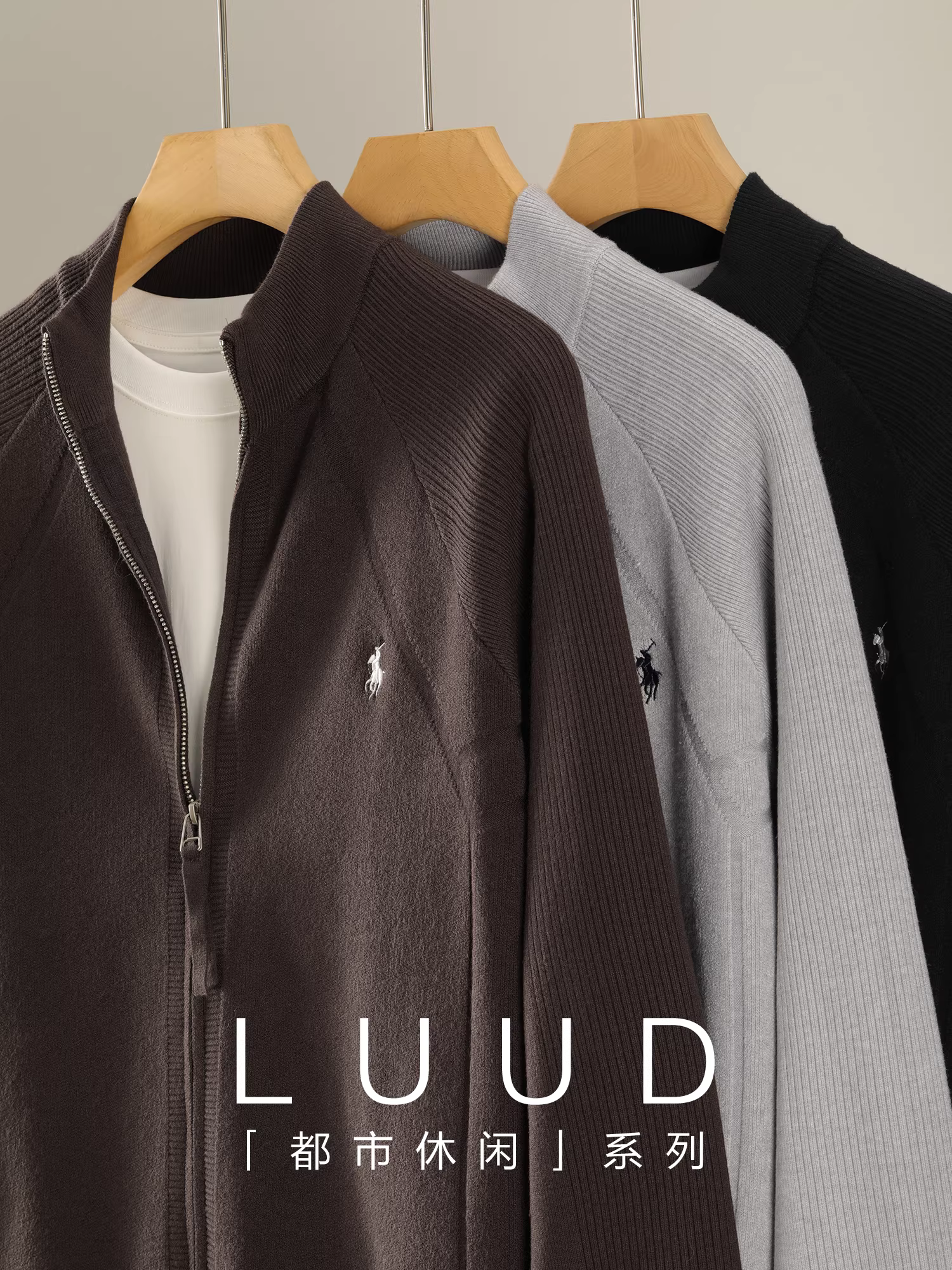 Áo khoác có khóa kéo cổ đứng thêu họa tiết hiệp sĩ phong cách Old Money LUUD, chất liệu dệt kim gân, tay raglan, dành cho nam, mùa thu đông