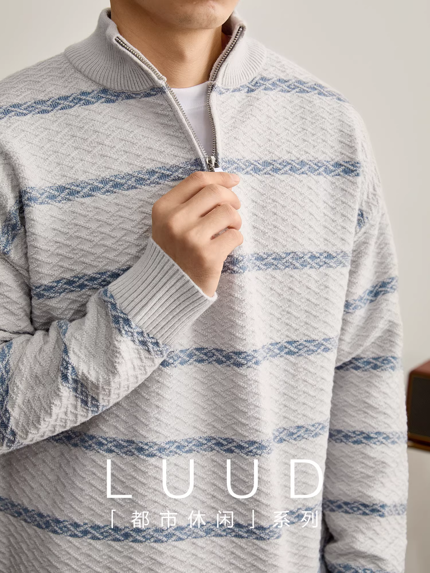 Áo len dệt kim cổ cao nửa cổ có khóa kéo màu khối màu LUUD dành cho nam, áo len dệt kim họa tiết kim cương mùa thu đông thoải mái và sành điệu