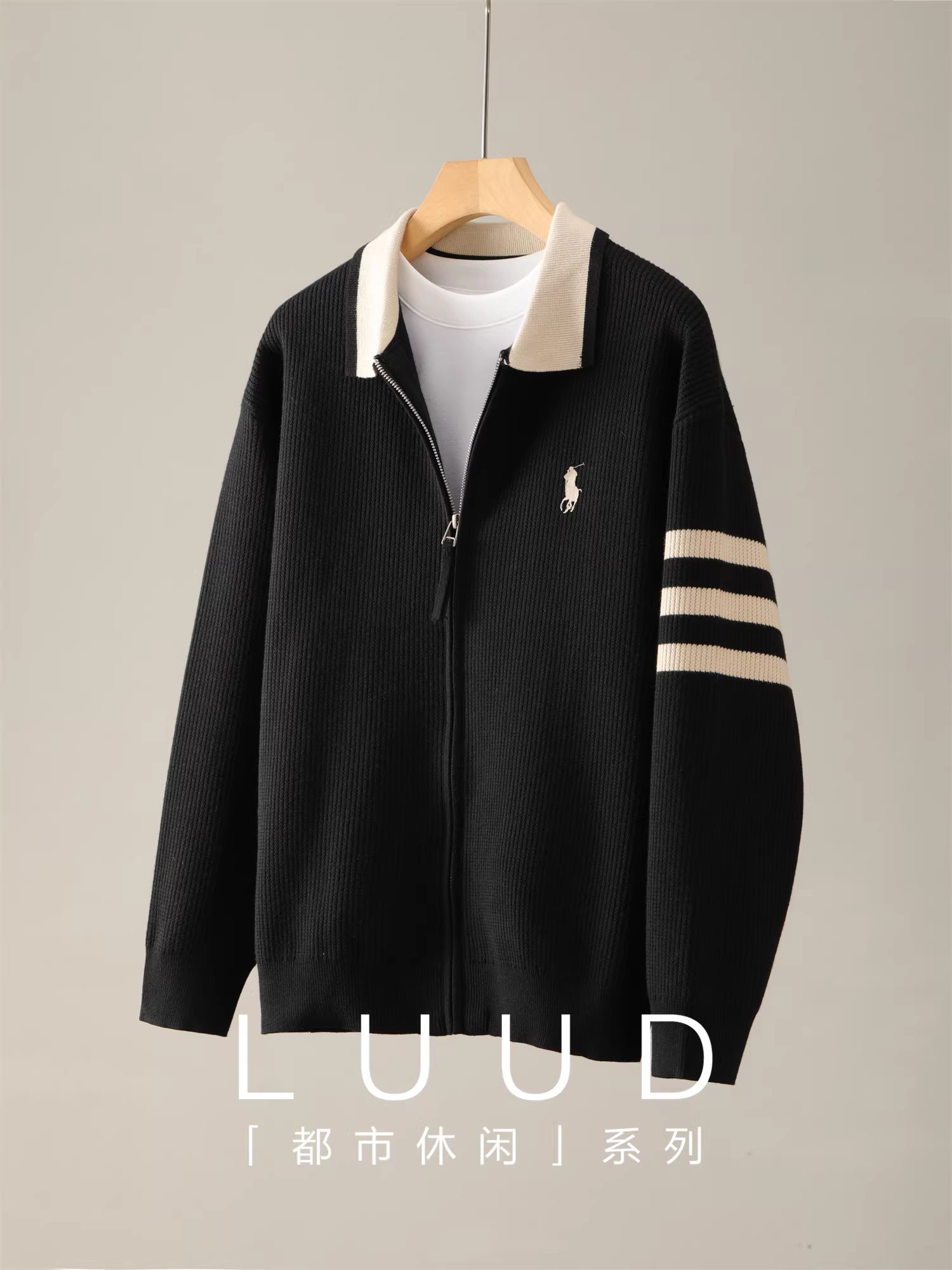 Ưu đãi đặc biệt: Áo cardigan dệt kim ba sọc pha trộn Tencel Lyocell dành cho nam, mùa thu đông, thêu họa tiết hiệp sĩ, áo khoác phối màu cổ áo