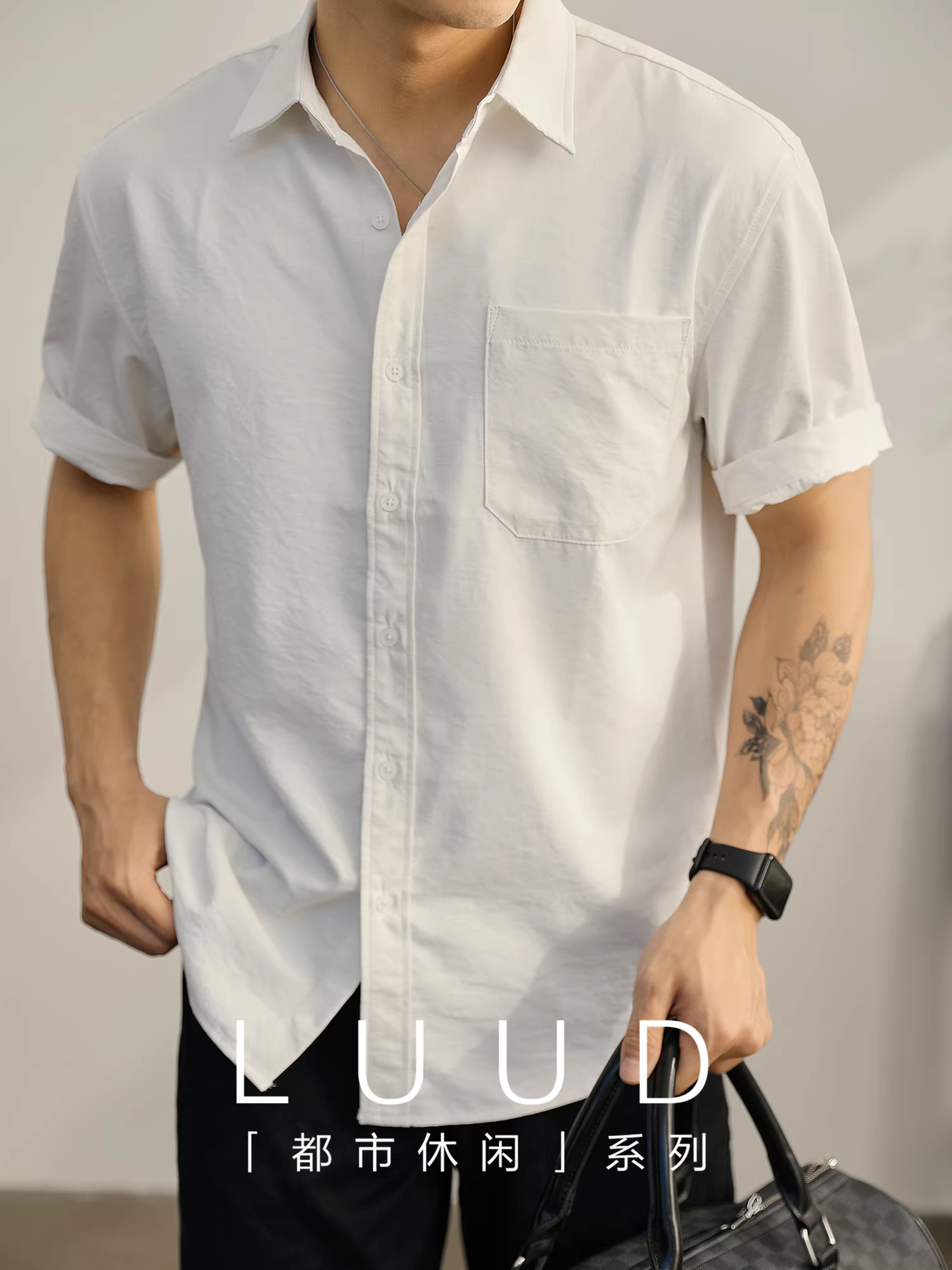 Áo sơ mi ngắn tay màu trắng đơn giản phong cách đô thị LUUD dành cho nam mùa hè có túi vá ngực áo sơ mi viền cong