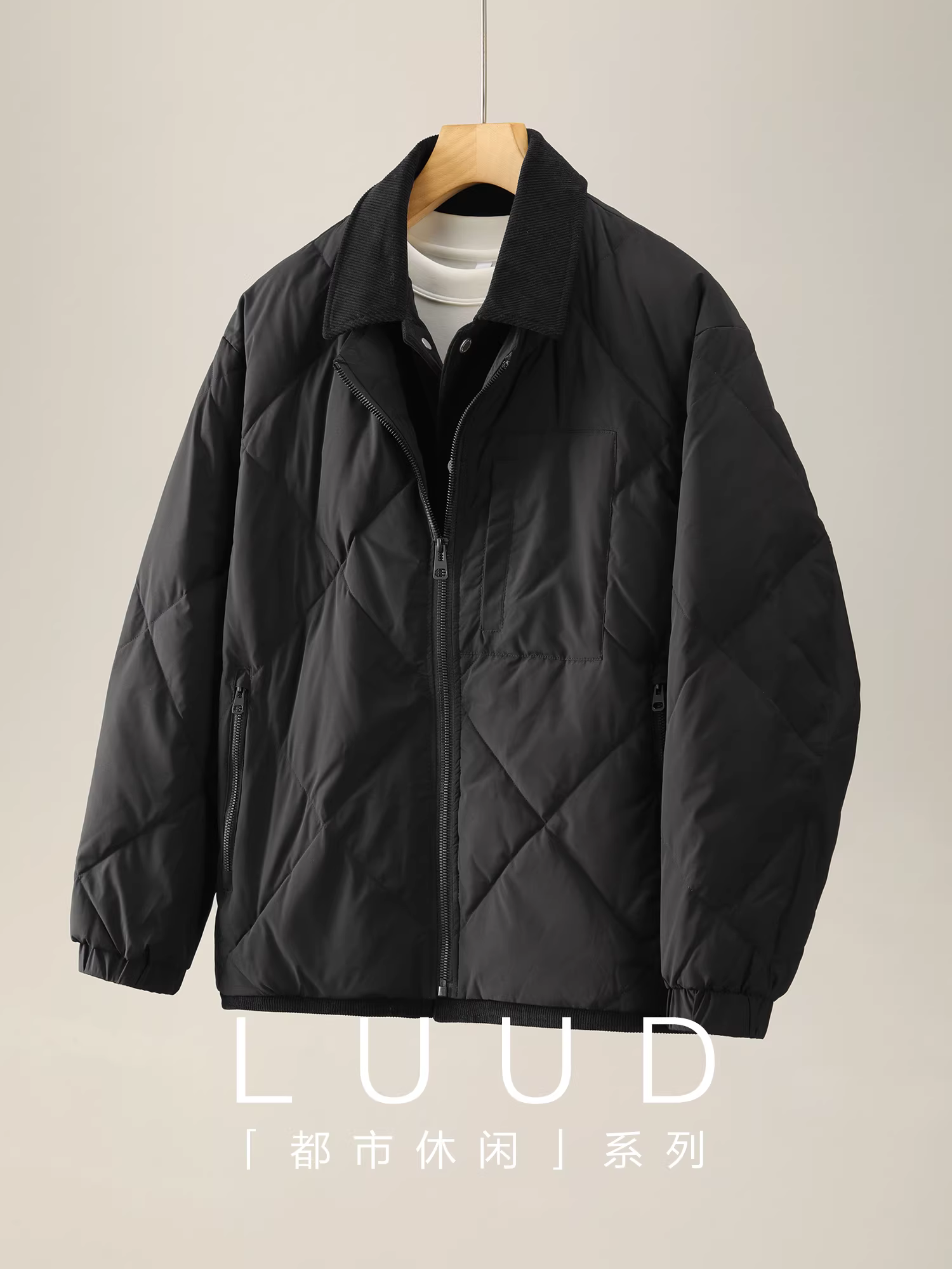 Áo khoác lông vũ giả hai mảnh bằng vải nhung LUUD dành cho nam, áo khoác lông vũ chần bông họa tiết kim cương mùa đông.