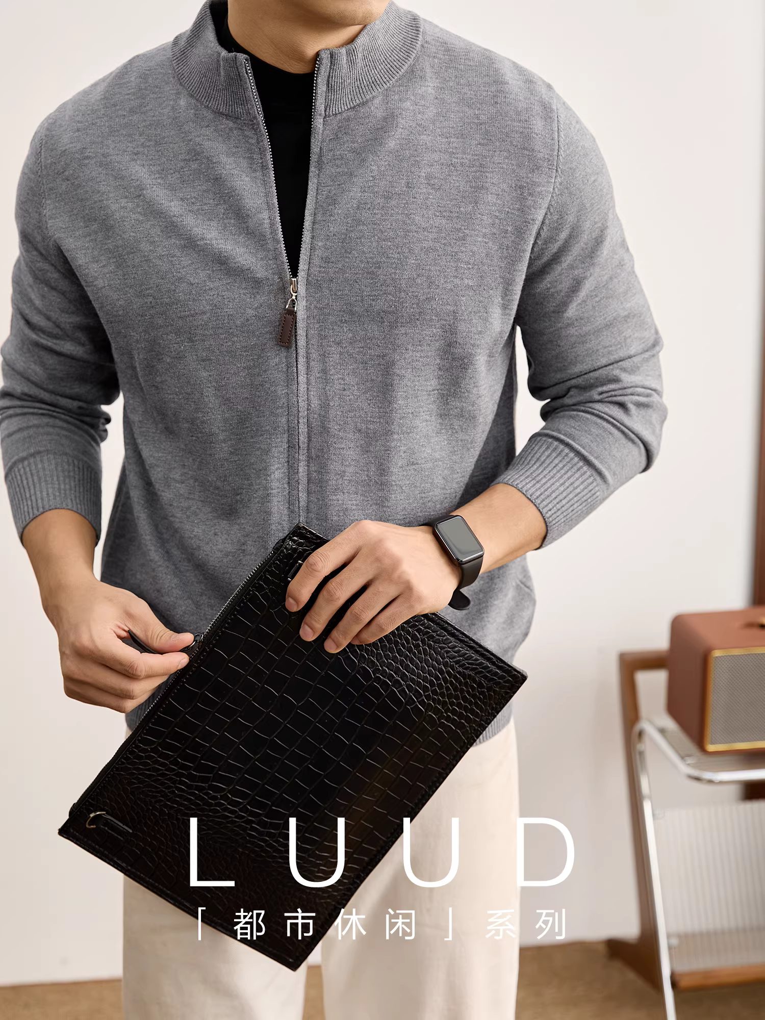 LUUD mùa thu đông nam thời trang retro cổ điển dệt kim cardigan màu trơn kim mịn lõi-spun sợi áo len áo khoác