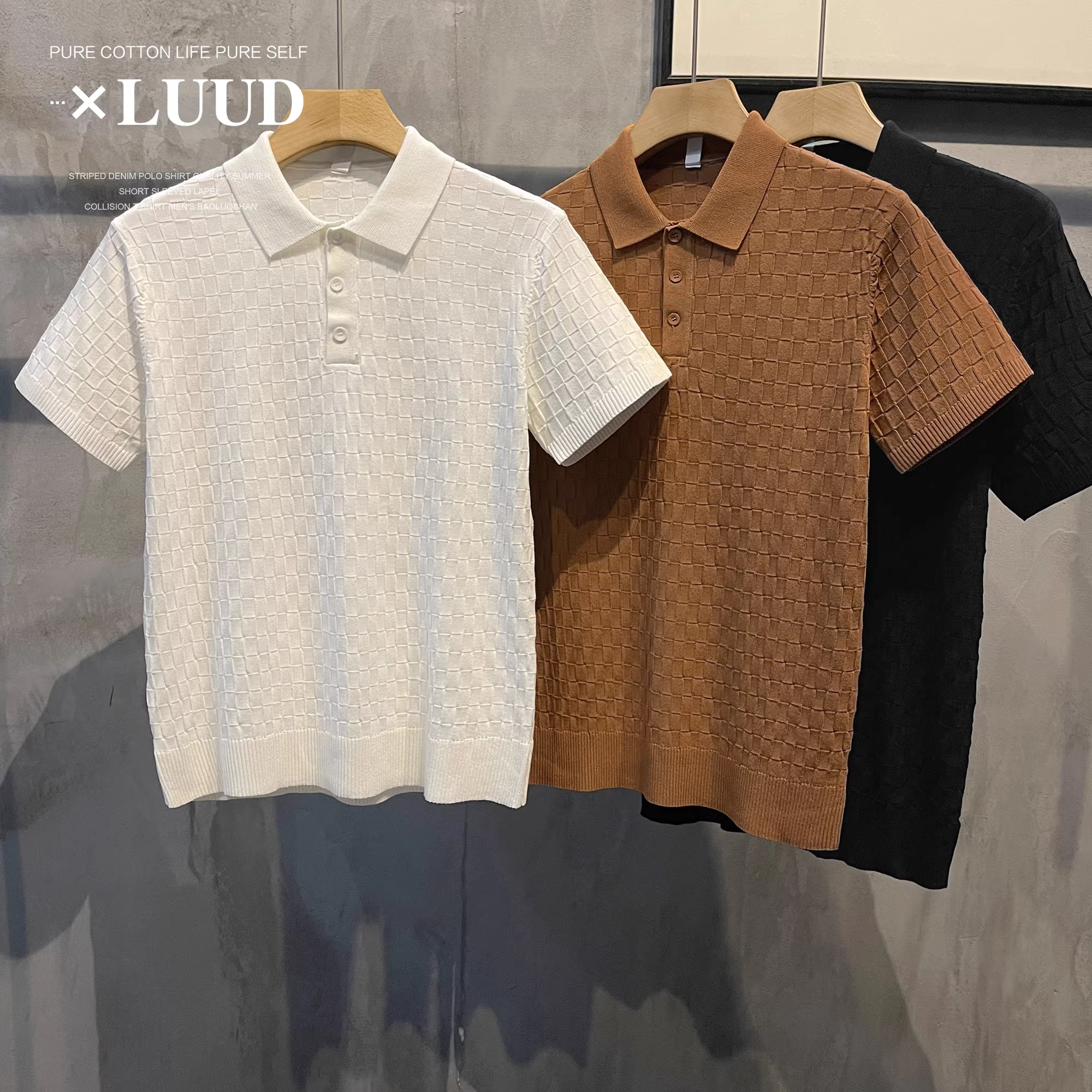 Khuyến mãi đặc biệt: Áo polo dệt kim chất liệu jacquard kẻ ô vuông, màu trơn, kiểu dáng Hàn Quốc, ôm body, tay ngắn, cổ áo thời trang