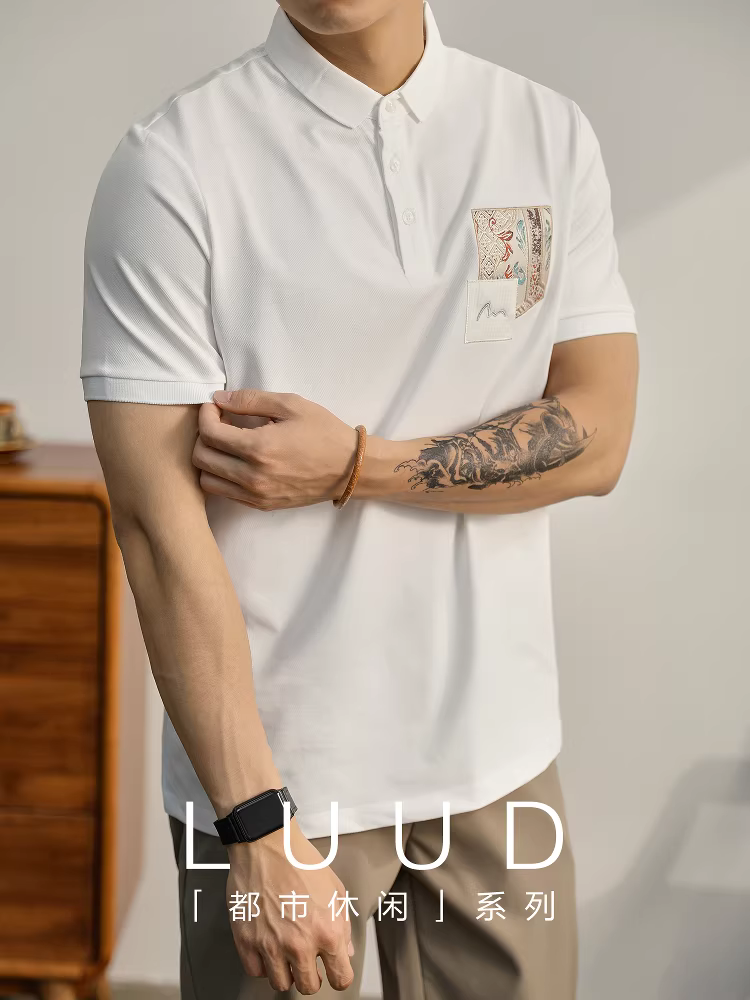 Áo polo họa tiết cây cỏ LUUD dành cho nam, áo thun đơn giản phong cách Trung Hoa mới mùa hè, áo polo cổ trụ đa năng thương hiệu thời thượng