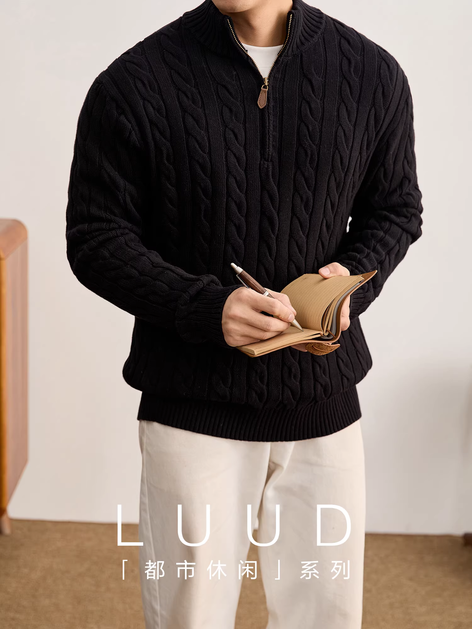 Áo len nam LUUD 100% cotton dệt xoắn, giữ ấm, cổ trụ nửa khóa kéo, tay dài, chất liệu dệt kim gân mùa đông