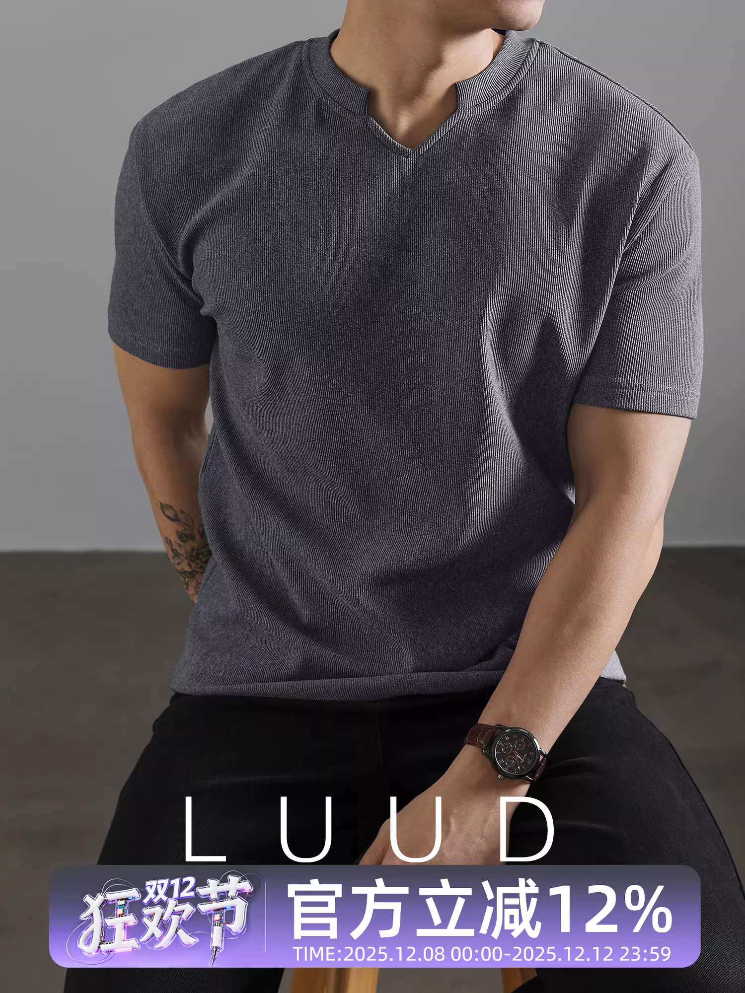 Áo thun nam tay ngắn thể thao mùa hè LUUD họa tiết sọc dọc hợp thời trang chống nhăn không cần là cổ chữ V màu xám áo thường ngày