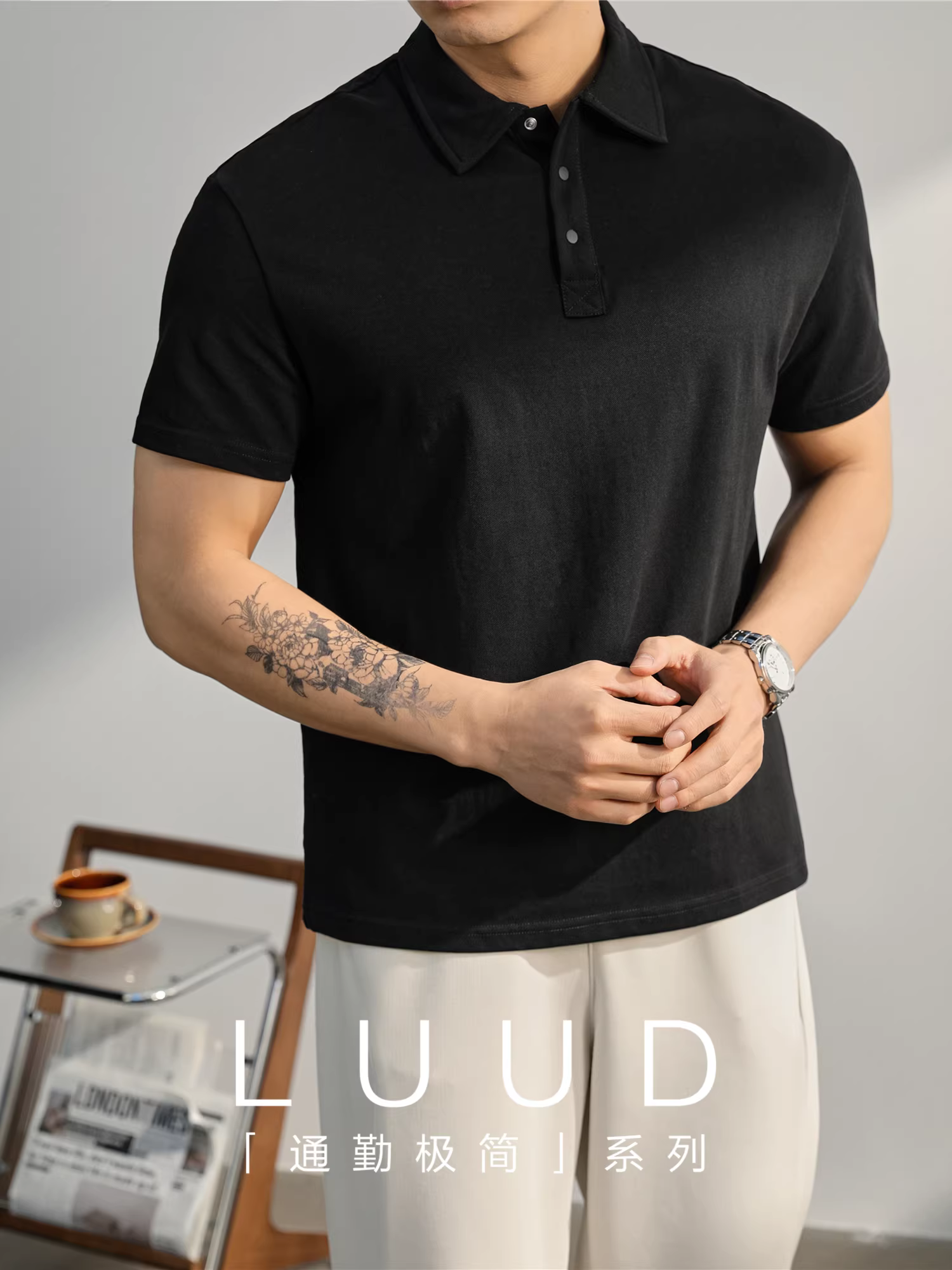 Áo thun polo ngắn tay cơ bản LUUD dành cho nam, áo thun thường ngày màu trơn phong cách Nhật Bản, áo có cổ đa năng.