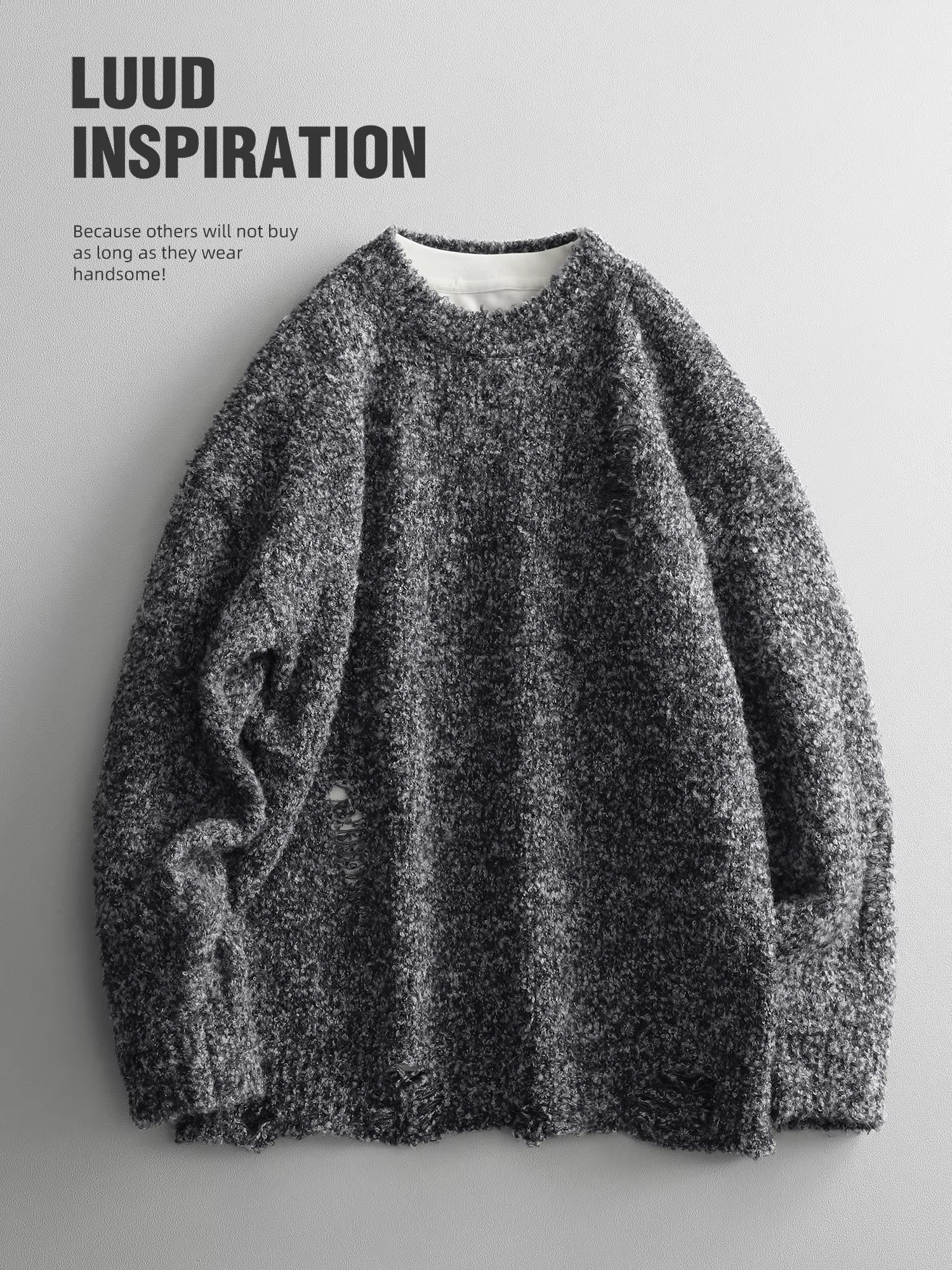Áo len nam tay dài phong cách đường phố LUUD, thiết kế rách cá tính, cổ tròn, chất liệu len cừu, áo len lông cừu