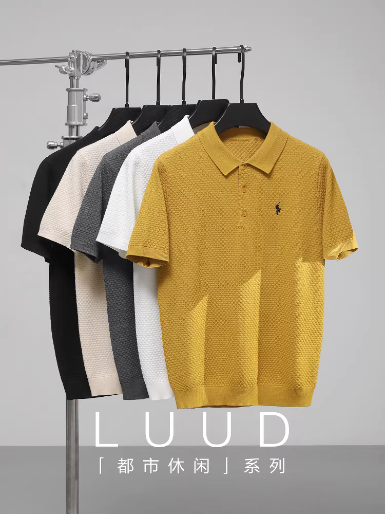 Áo polo dệt kim có họa tiết LUUD dành cho nam, áo thun có cổ ôm vừa vặn hợp thời trang mùa hè có thêu hình hiệp sĩ, áo thun thông thường.
