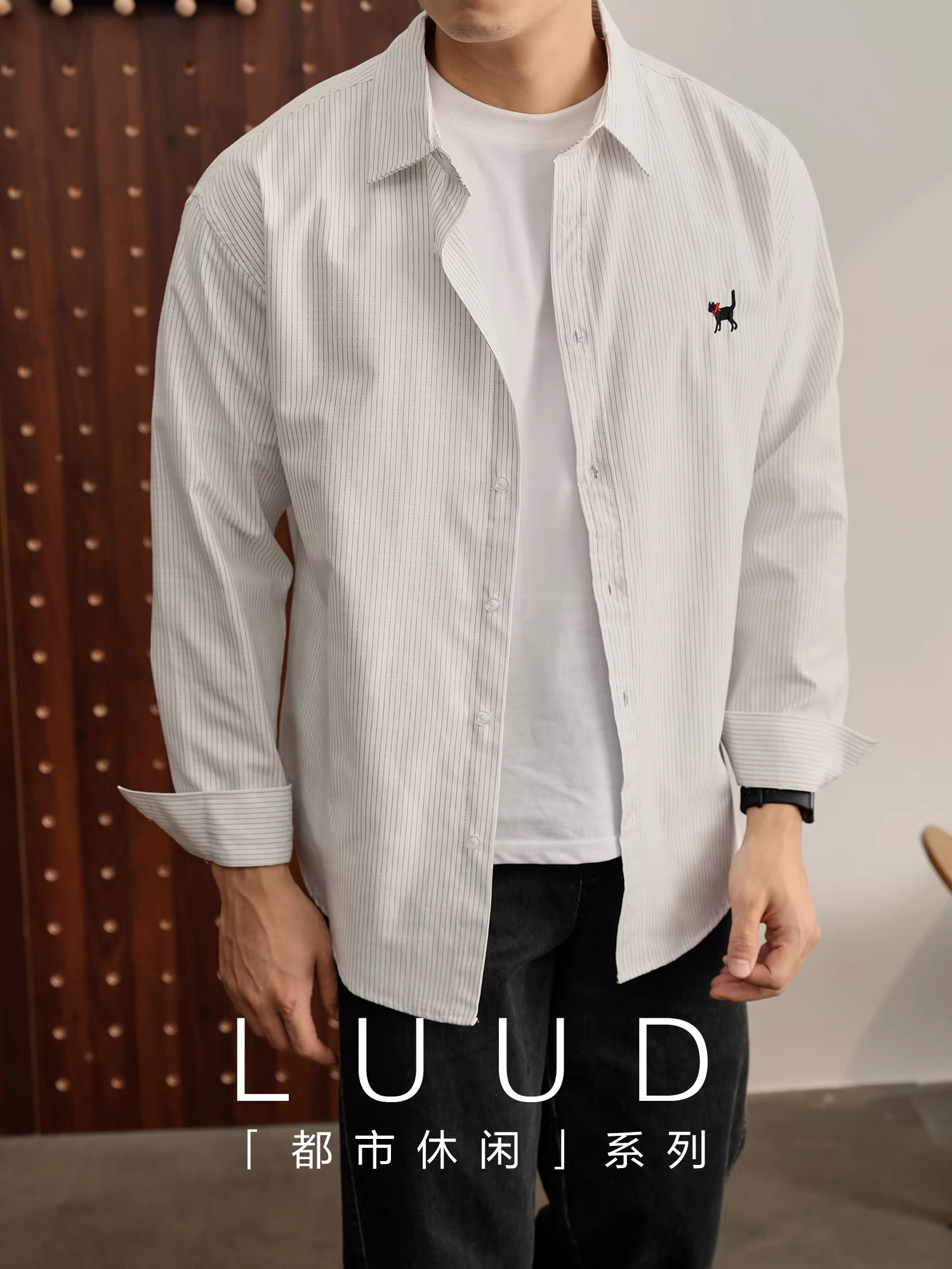 LUUD 100% cotton nguyên chất retro dễ thương thêu hình mèo đen áo sơ mi nam mùa thu cổ điển sọc dọc dài tay
