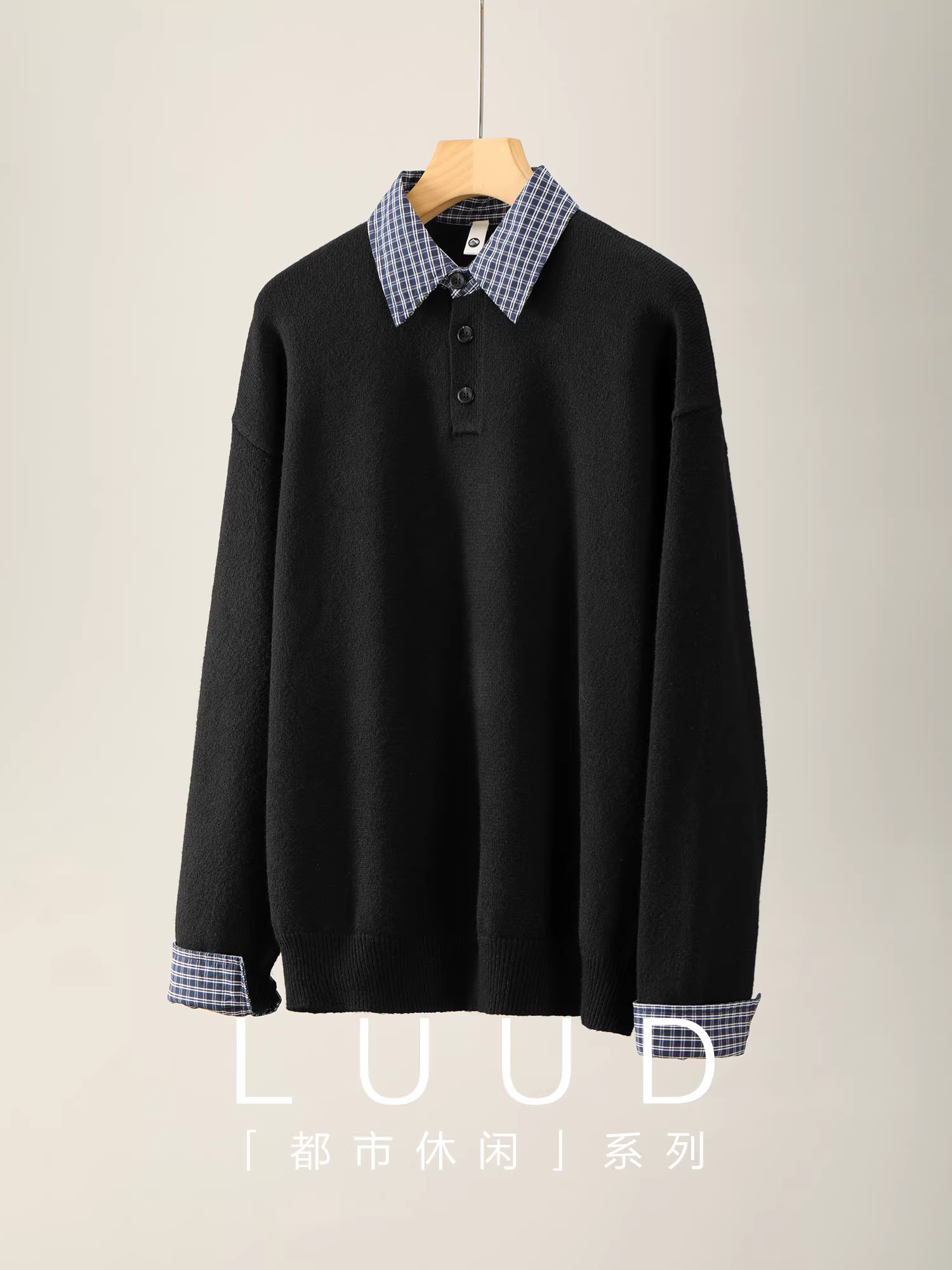 Áo sơ mi kẻ sọc pha len LUUD có cổ chắp vá Áo len POLO Áo len giả hai mảnh phong cách retro Hàn Quốc dành cho nam